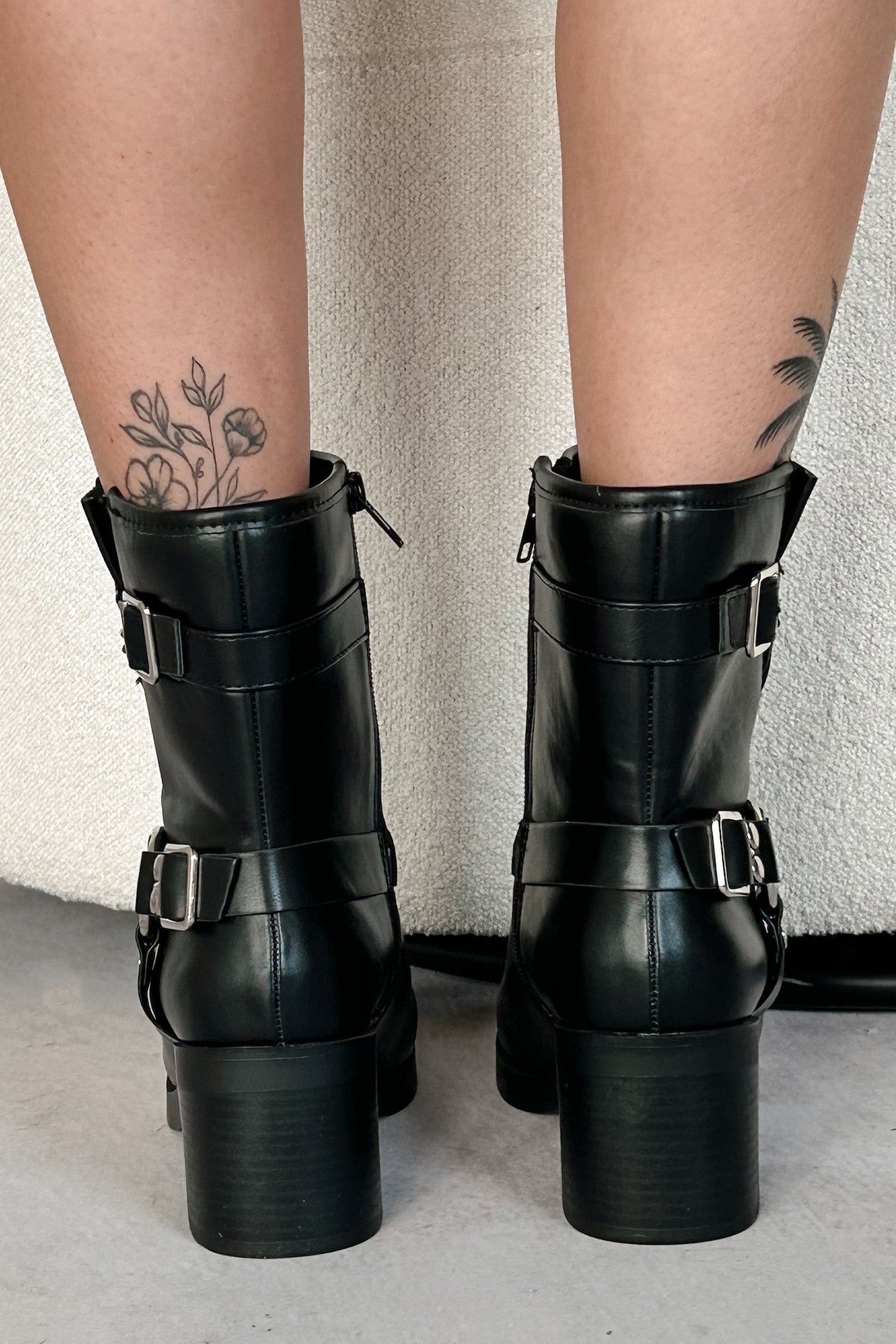 Tough As Nails Buckle Strap Chunky Biker Booties (Black)