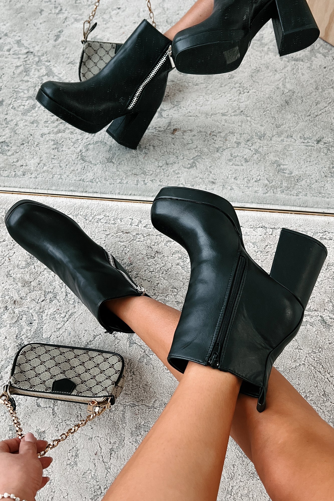 Straight Facts Zipper Detail Platform Booties (Black)
