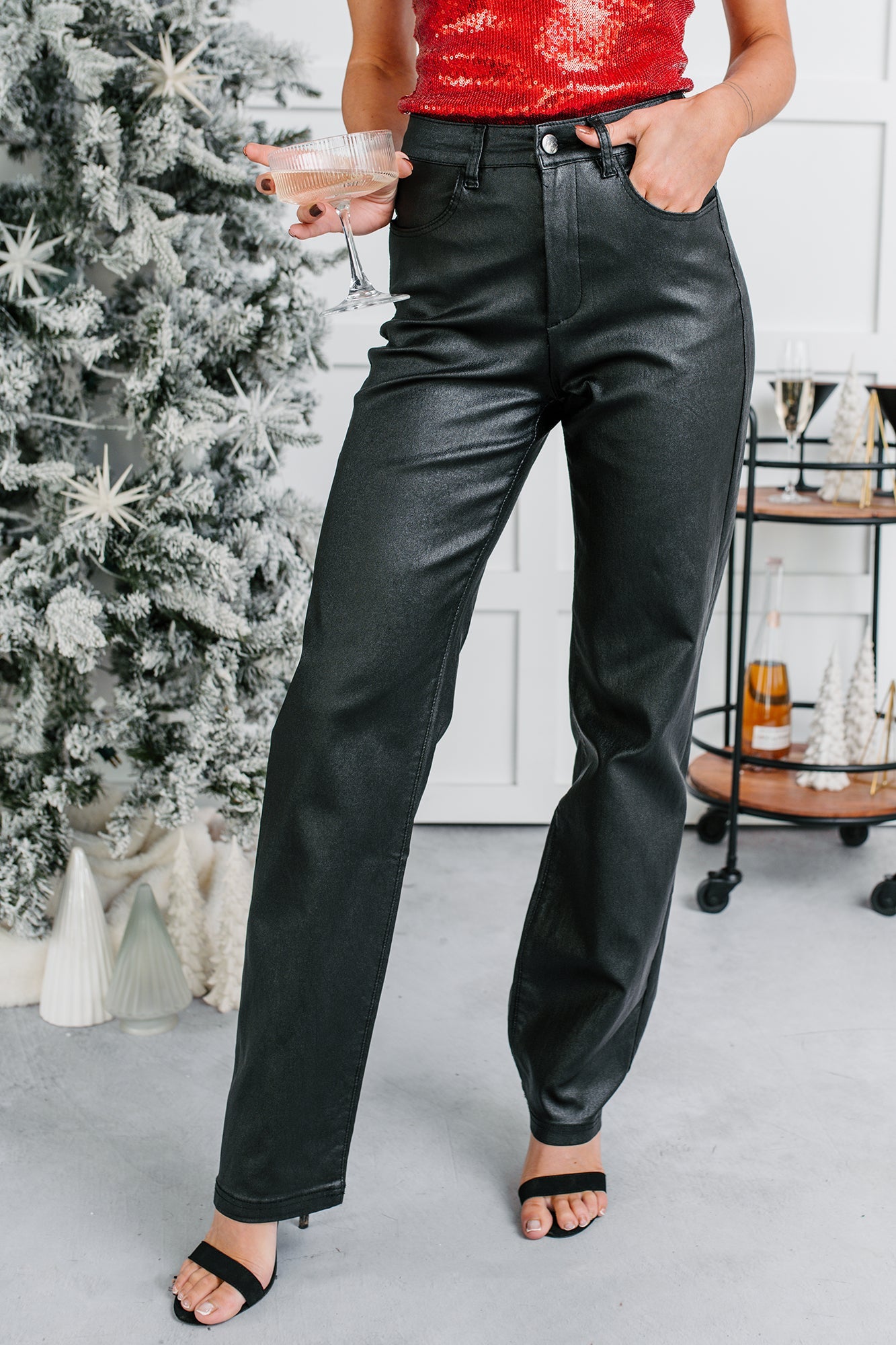 Truett Straight Leg Faux Leather Pants (Black)