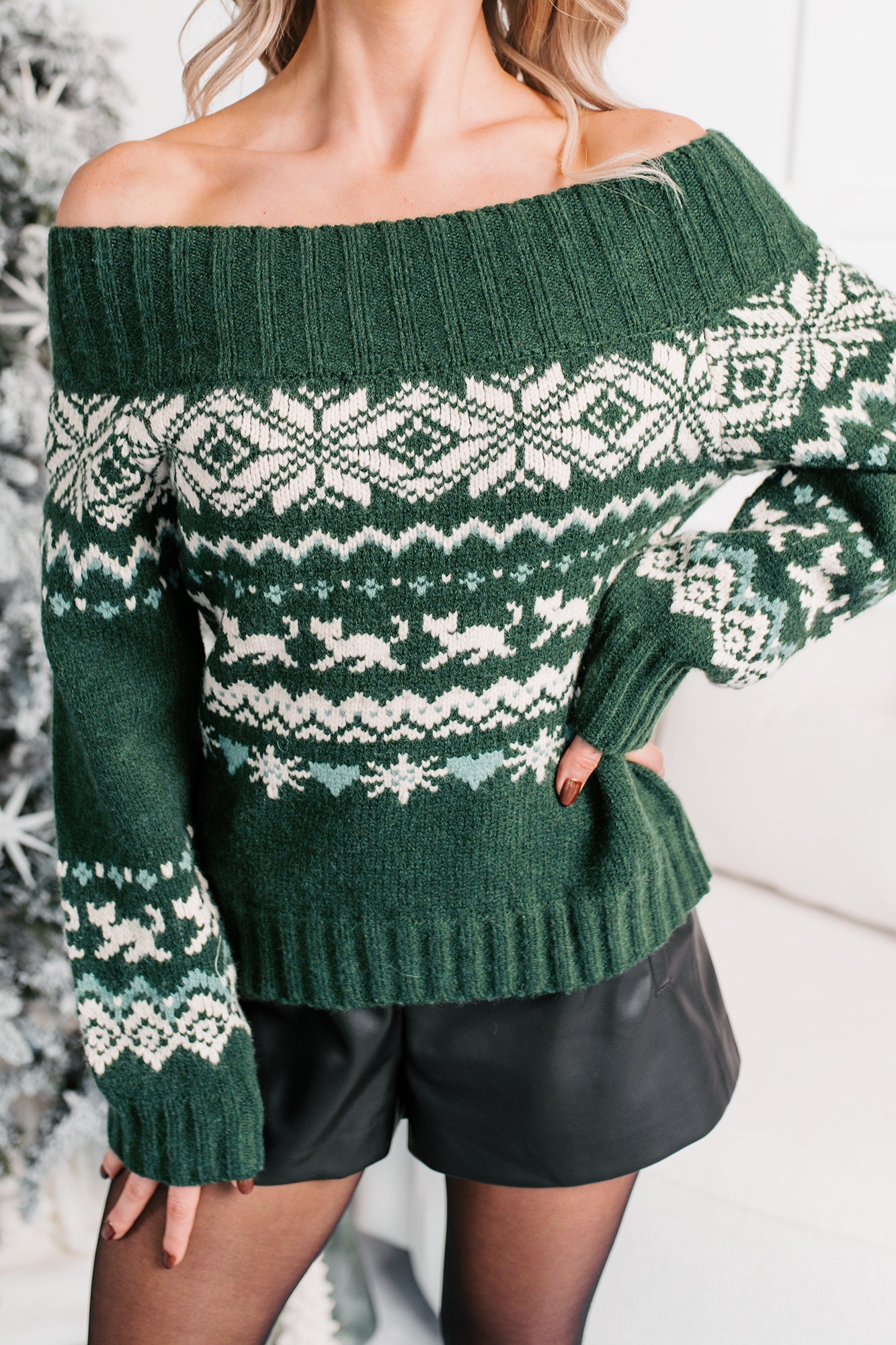 Sweet Stitches Fair Isle Off Shoulder Sweater (Hunter Green)