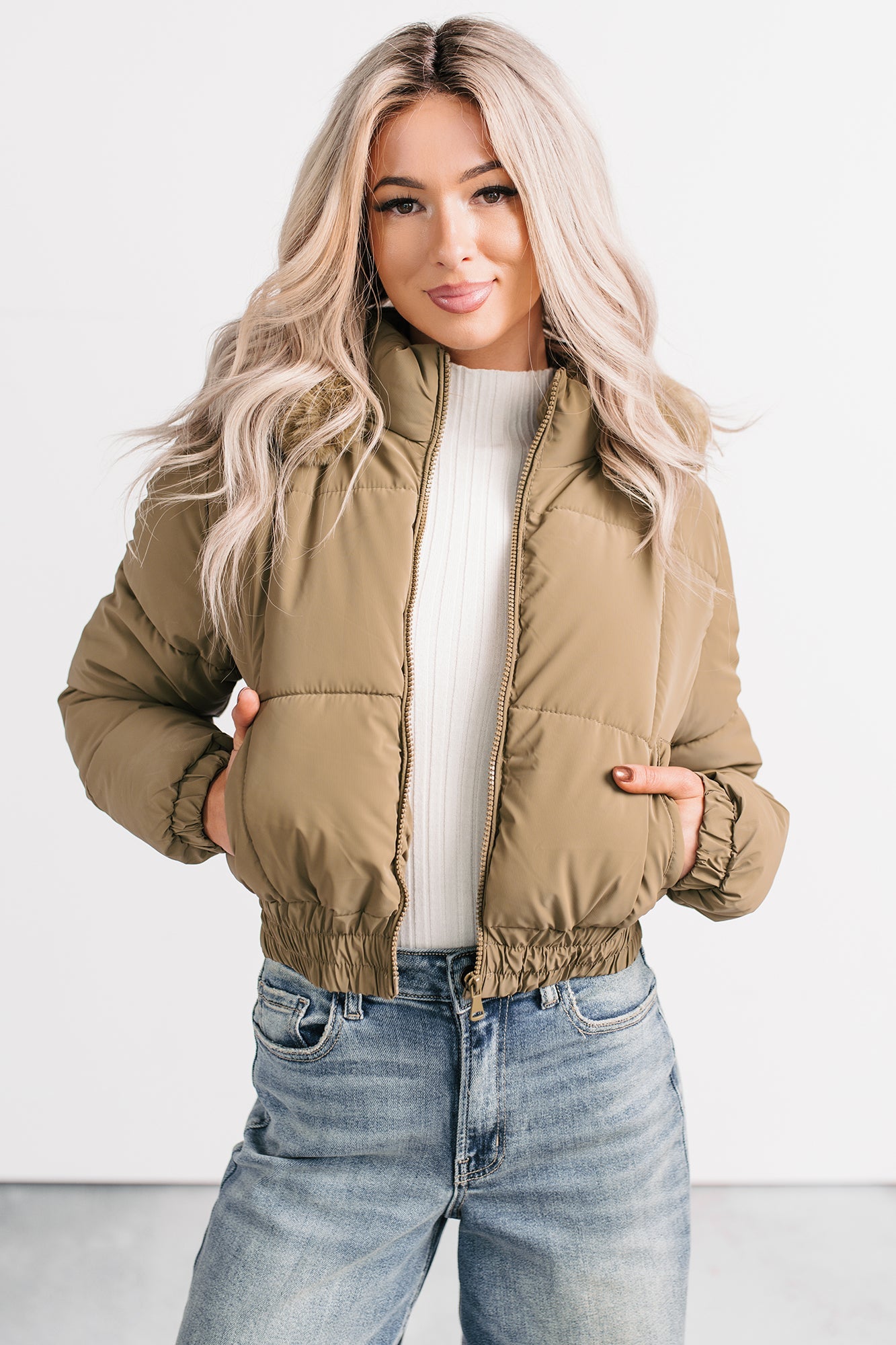 Snowflake Sweetie Faux Fur Hooded Puffer Jacket (Olive)