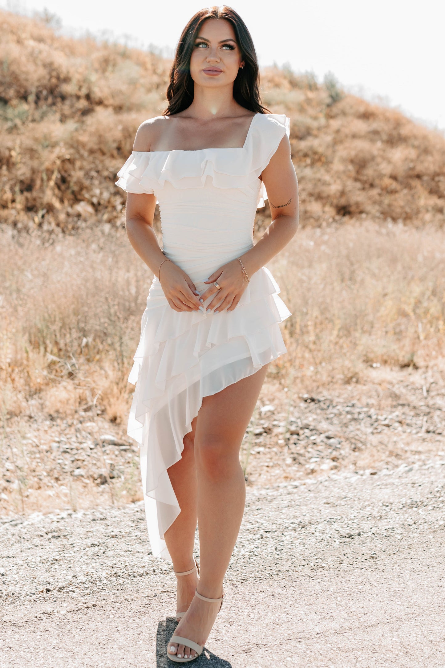 Perfectly Peachy Off The Shoulder Mini Dress (Ivory)