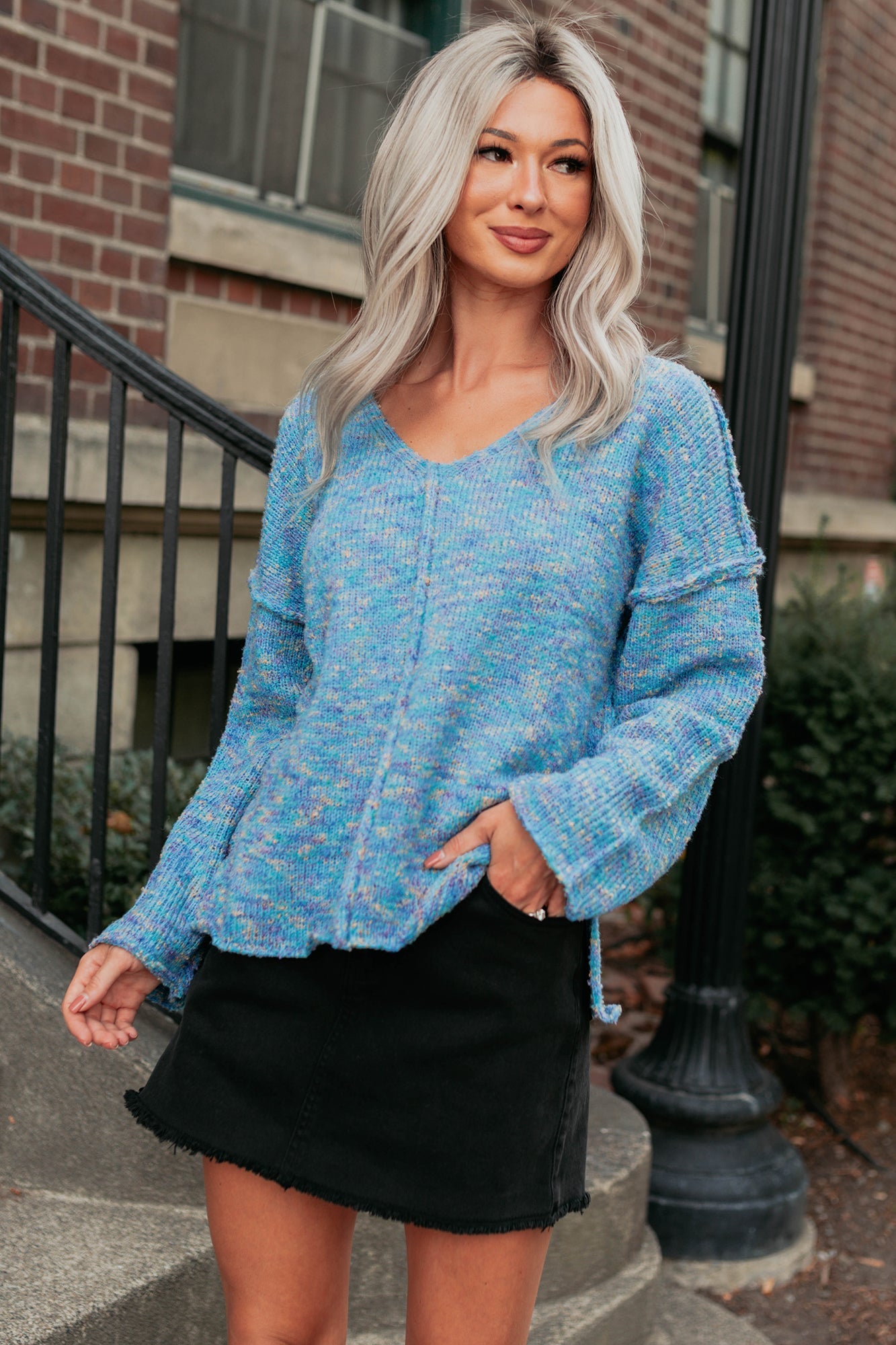 Peace Priority Oversized Knit Sweater (Blue Mix)
