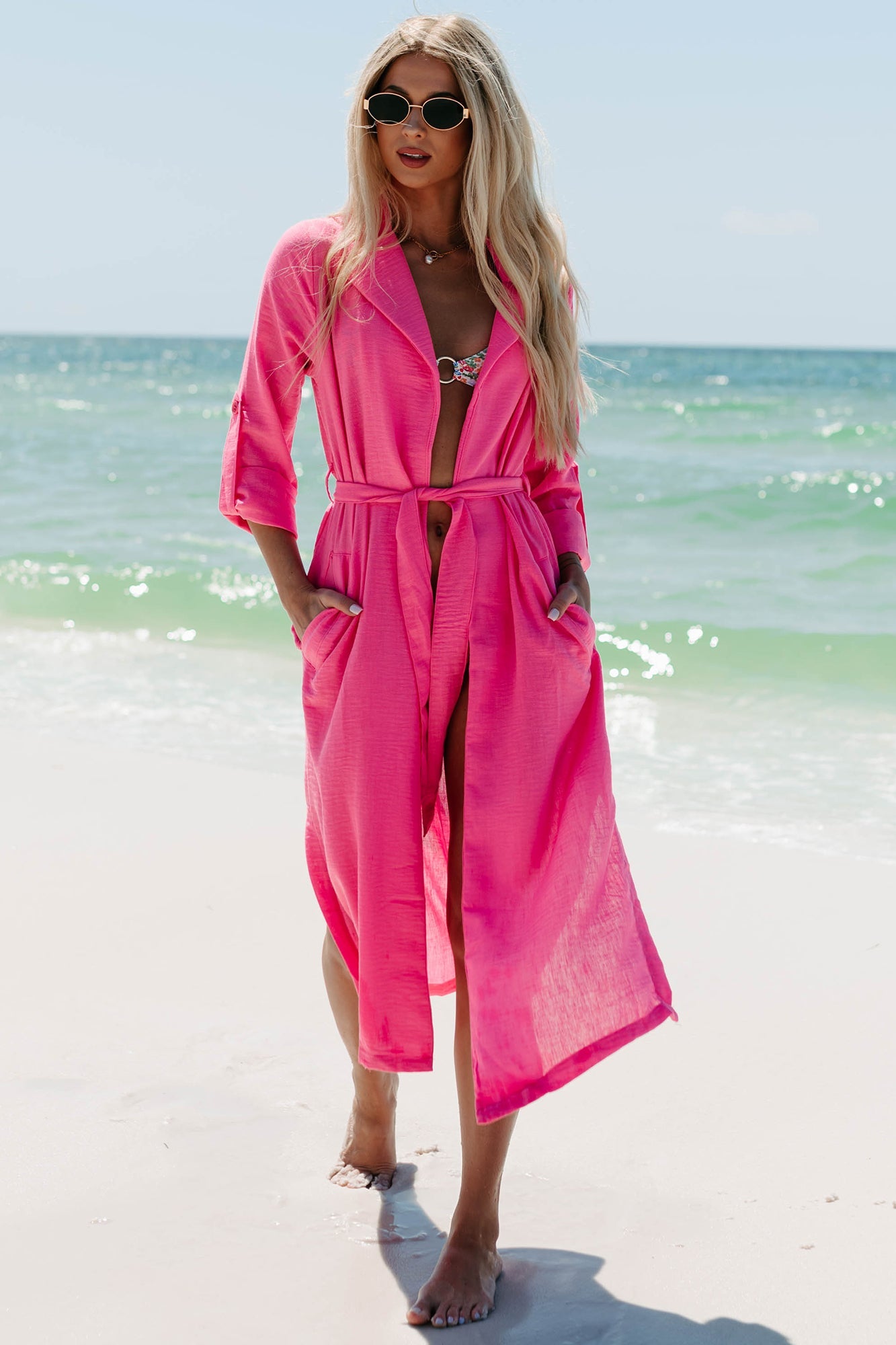 Live Colorfully Tie-Waist Linen Trench Coat (Hot Pink)