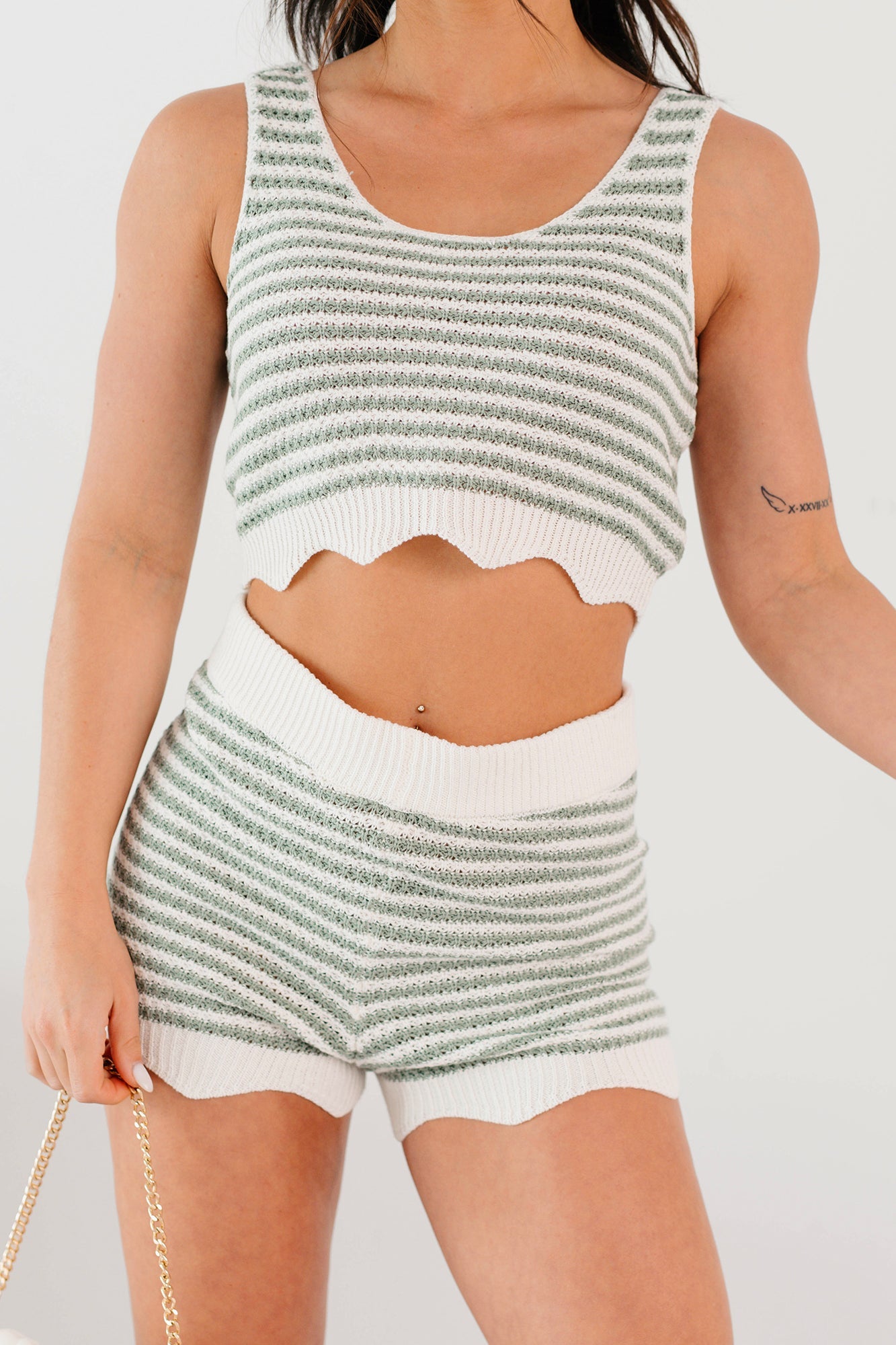 Relaxed Rhythm Striped Crop Top & Shorts Set (Sage)