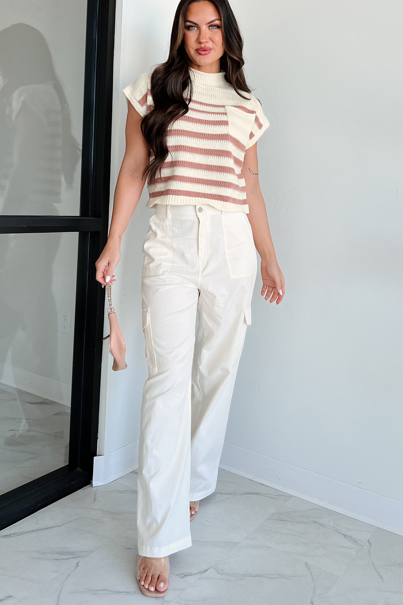 Showing Leadership Striped Sweater Top (Ivory/Mocha)