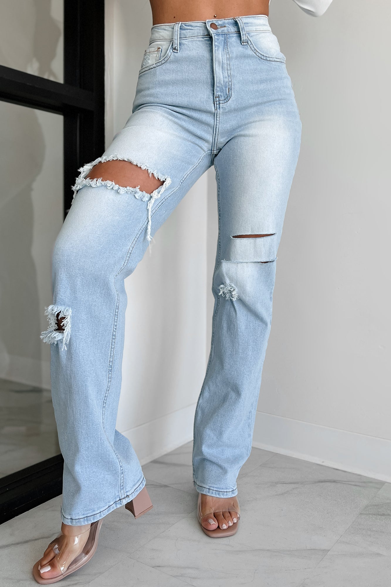 Only Good Days High Rise Distressed Wide Leg Jeans (Light)