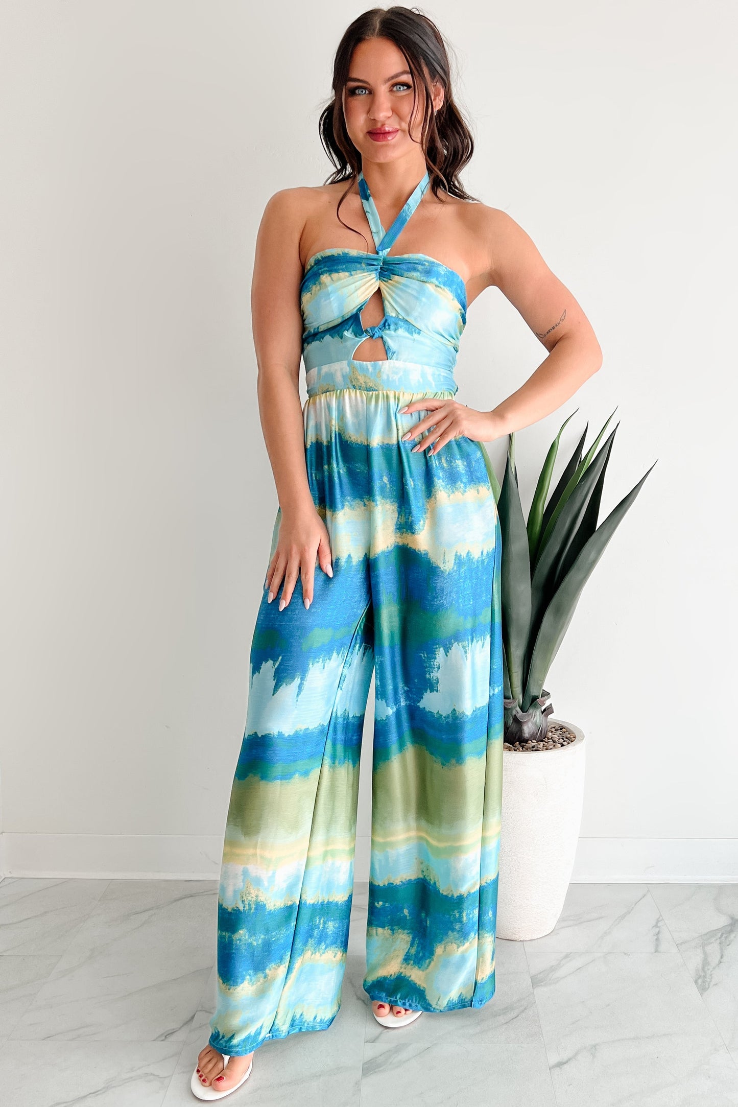 Sunshine & Seaside Halter Wide Leg Jumpsuit (Blue)
