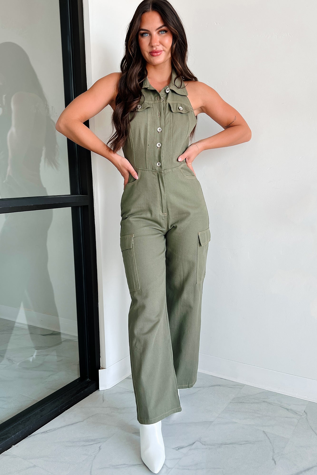 Social Call Denim Halter Cargo Jumpsuit (Olive)