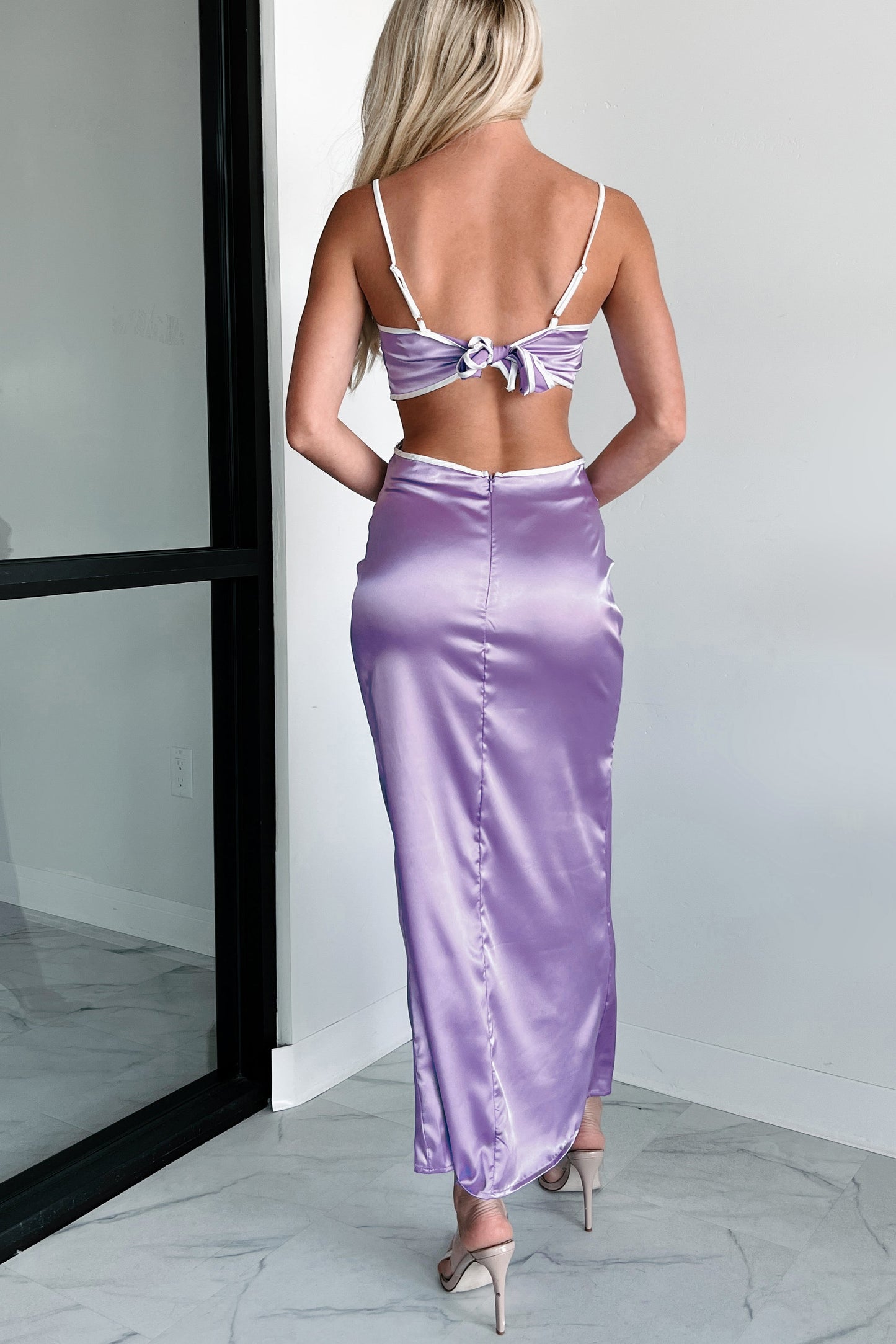 Stylish Mentality Satin Tie-Back Maxi Dress (Lavender)