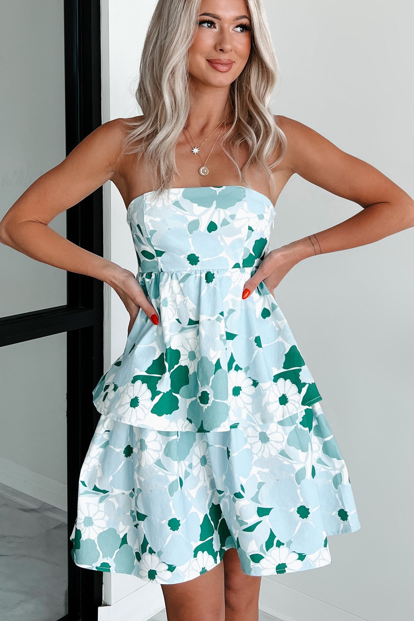 Somewhere Sunny Tiered Floral Denim Dress (Green Multi)