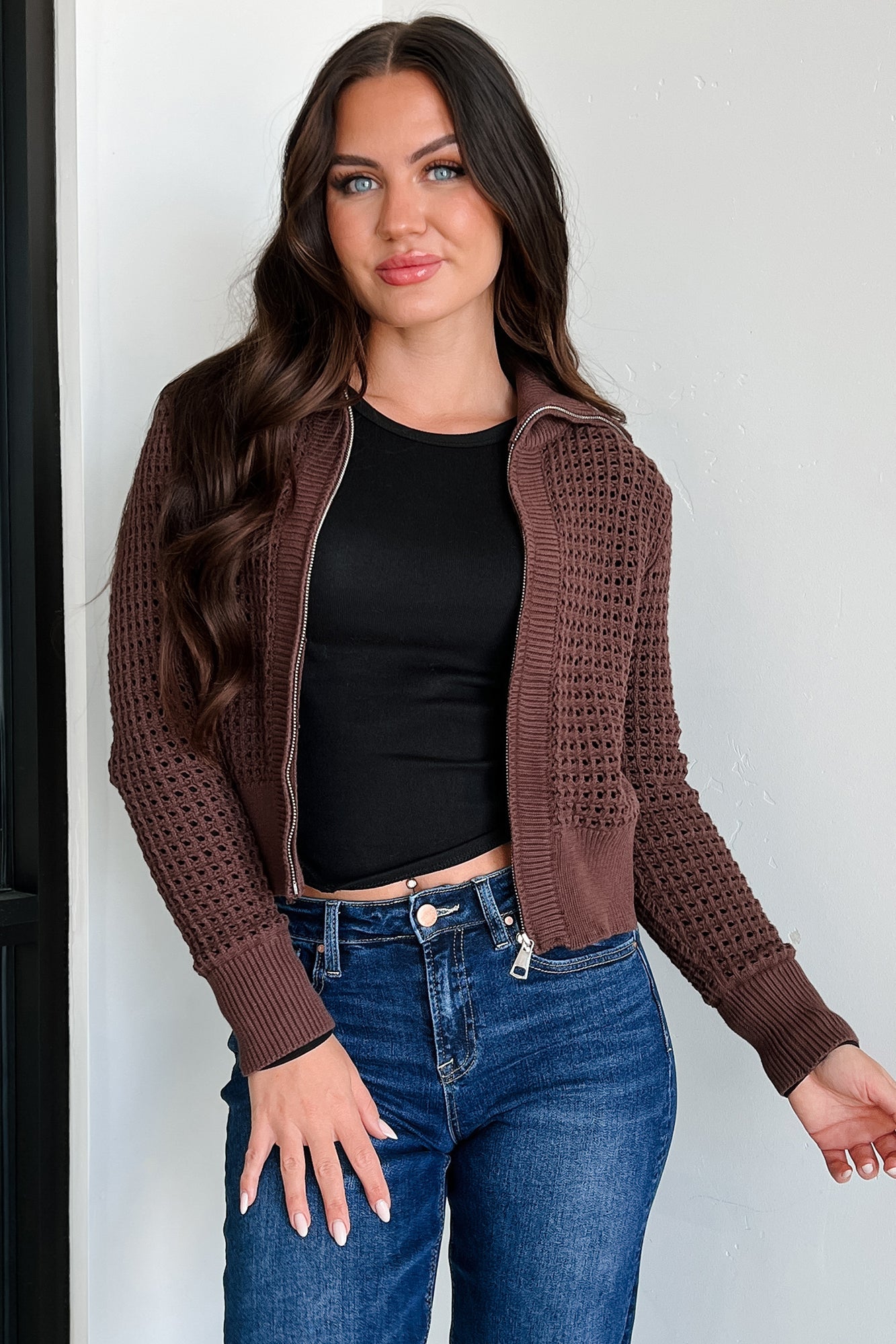 Whispered Words Zip-Up Sweater Jacket (Chocolate)