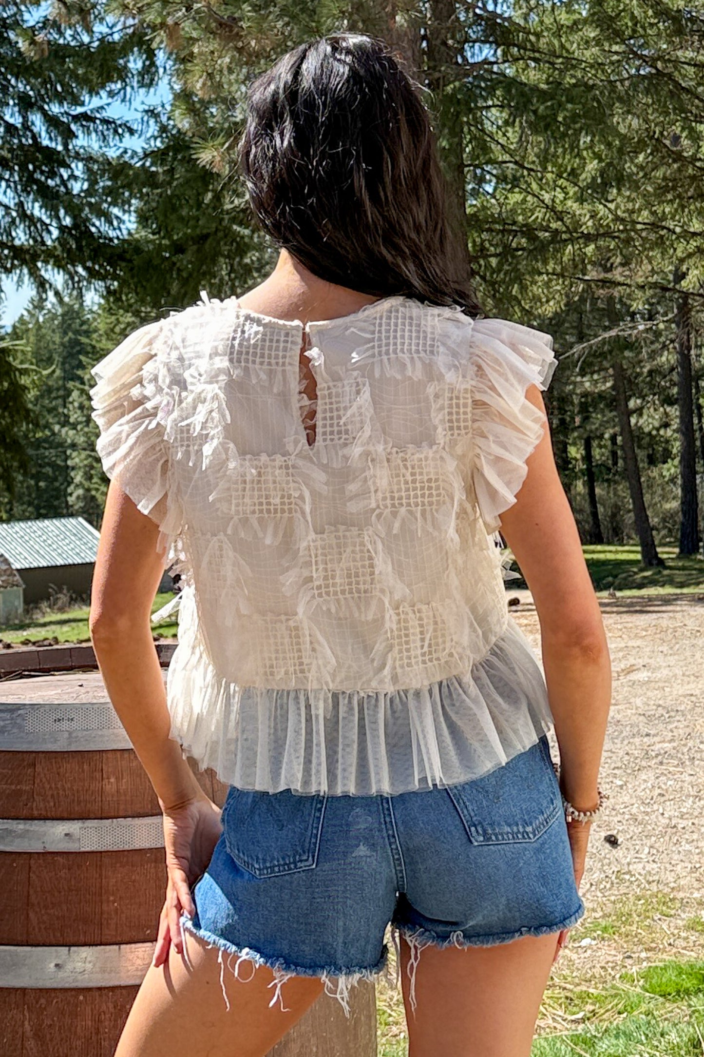 Tranquil Vibes Ruffle Mesh Top (Cream)