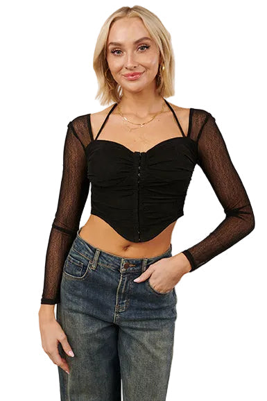 Whisper Of Romance Sweetheart Mesh Crop Top (Black)