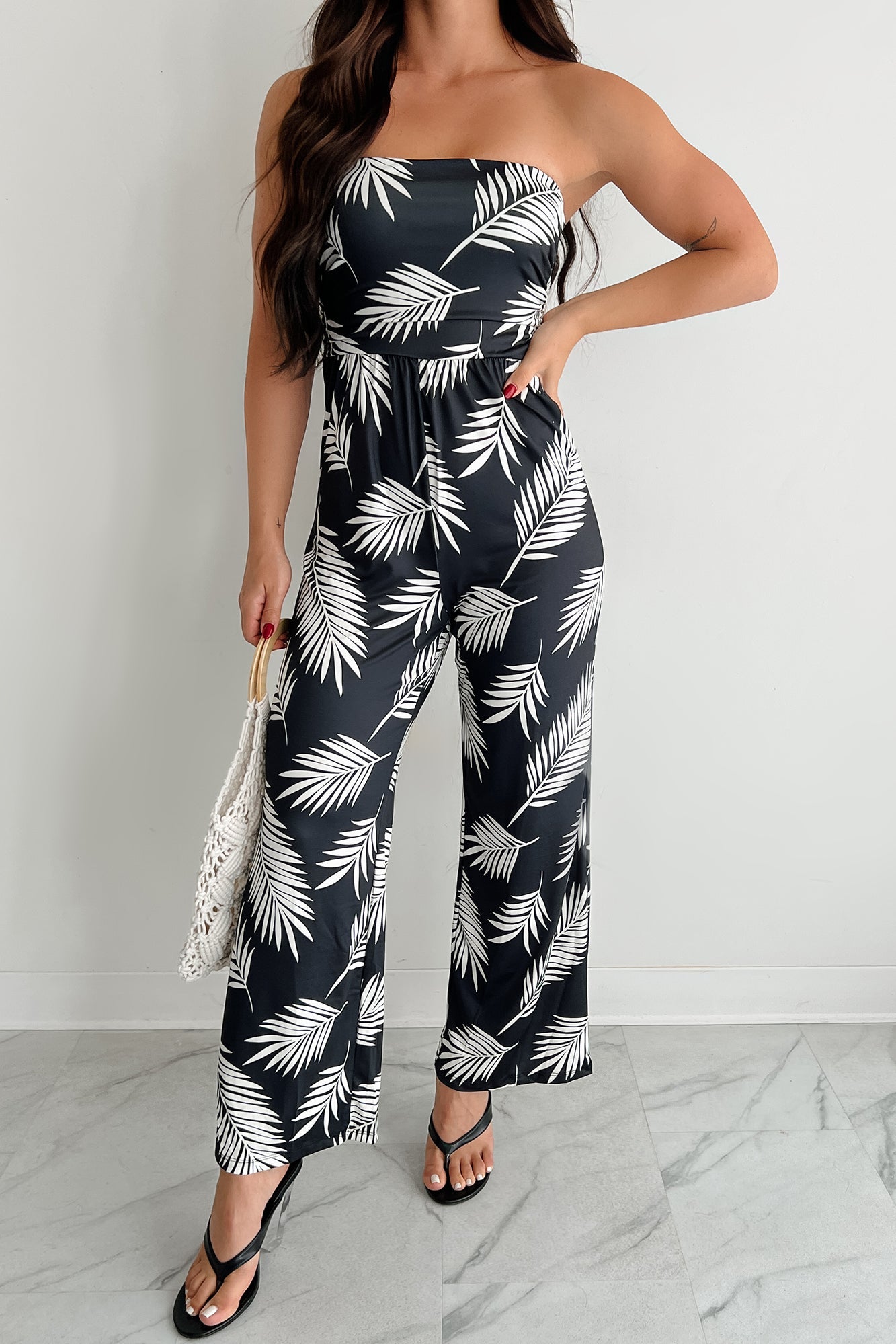 Palm Plans Strapless Leaf Print Jumpsuit (Black)