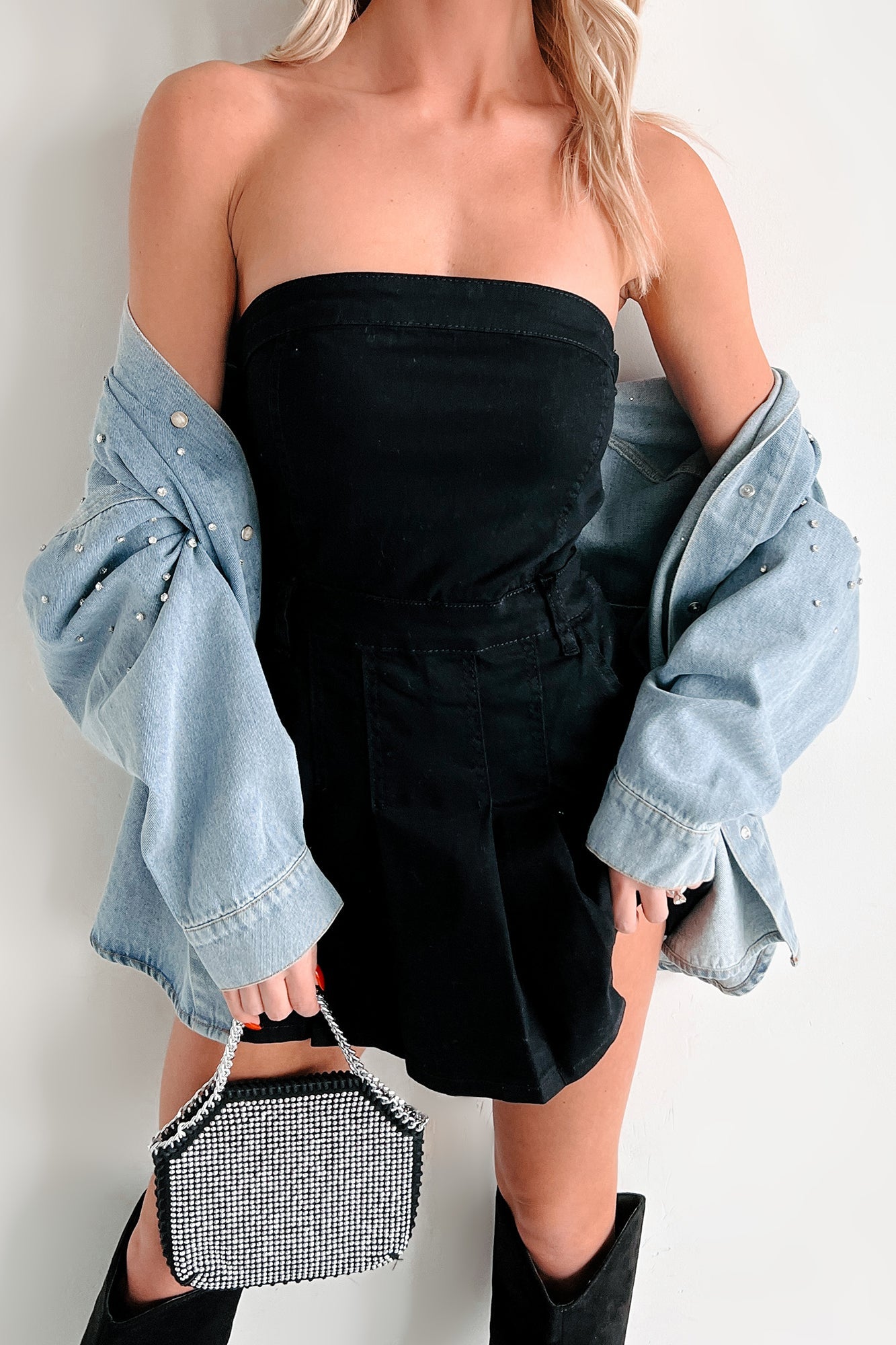 Vivid Dreams Shorts Lined Denim Mini Dress (Black)