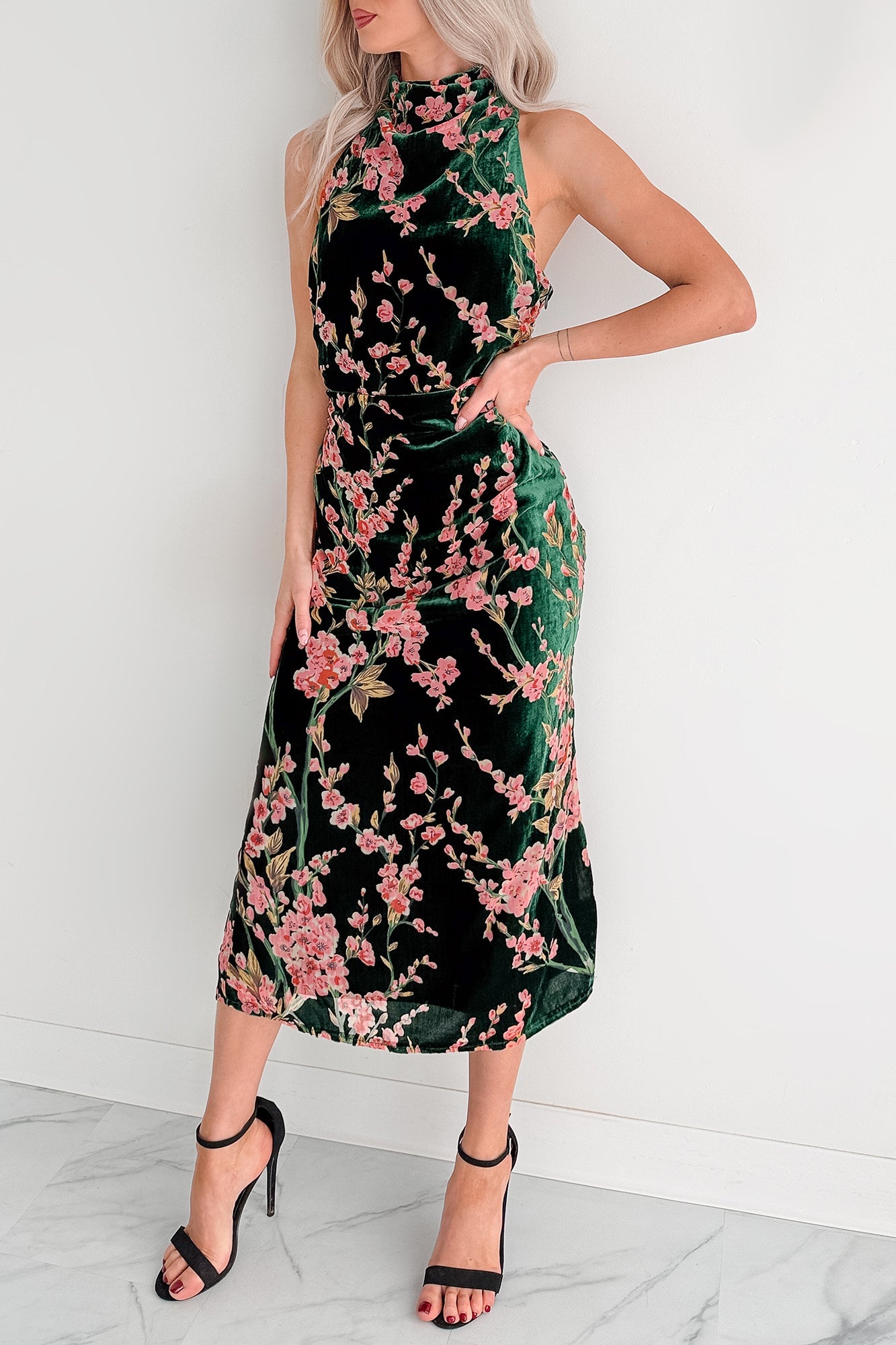 Without You Velvet Cherry Blossom Midi Dress (Green Floral)