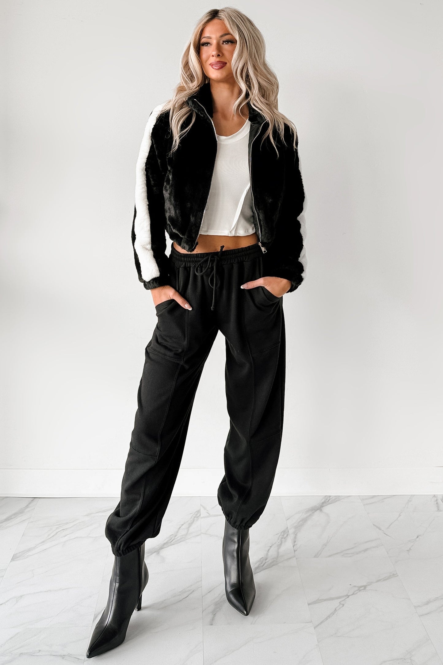 Radiance Rule Faux Fur Cropped Jacket (Black)