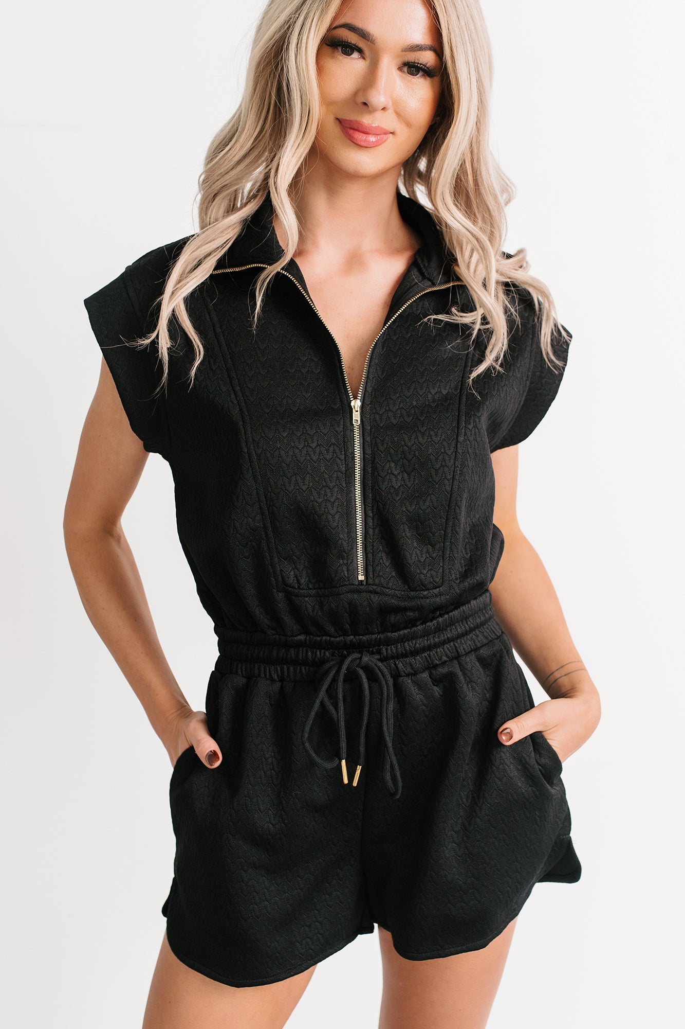 Stay Watching Textured Zip-Up Romper (Black)