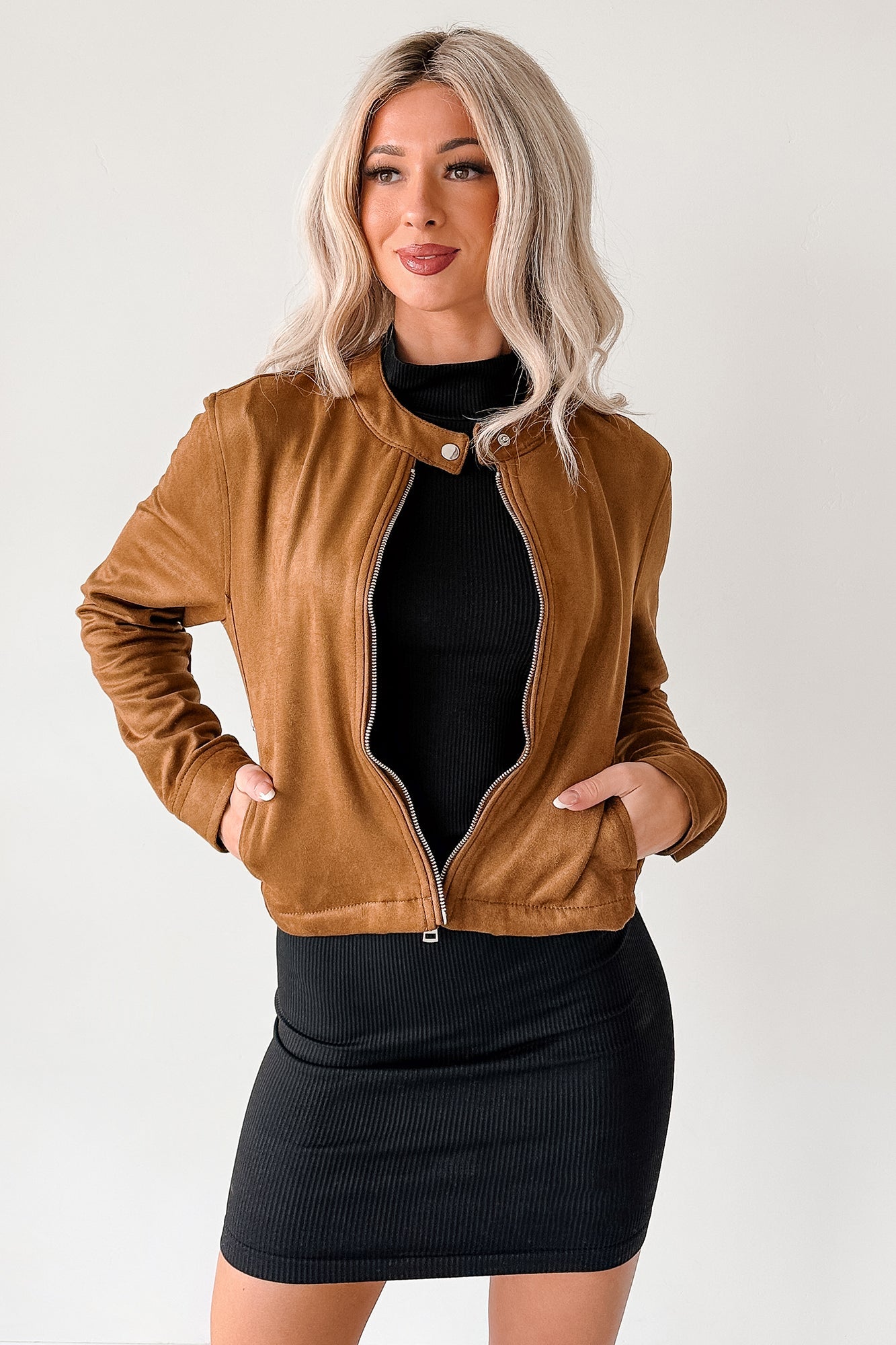 Plain & True Faux Suede Zip-Up Jacket (Camel)