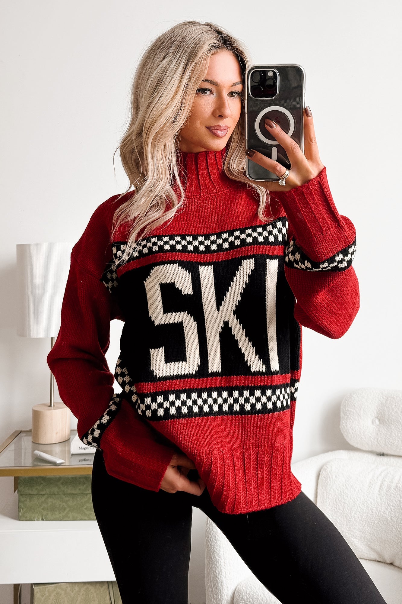 Ski You Later Graphic Mock Neck Sweater (Red)