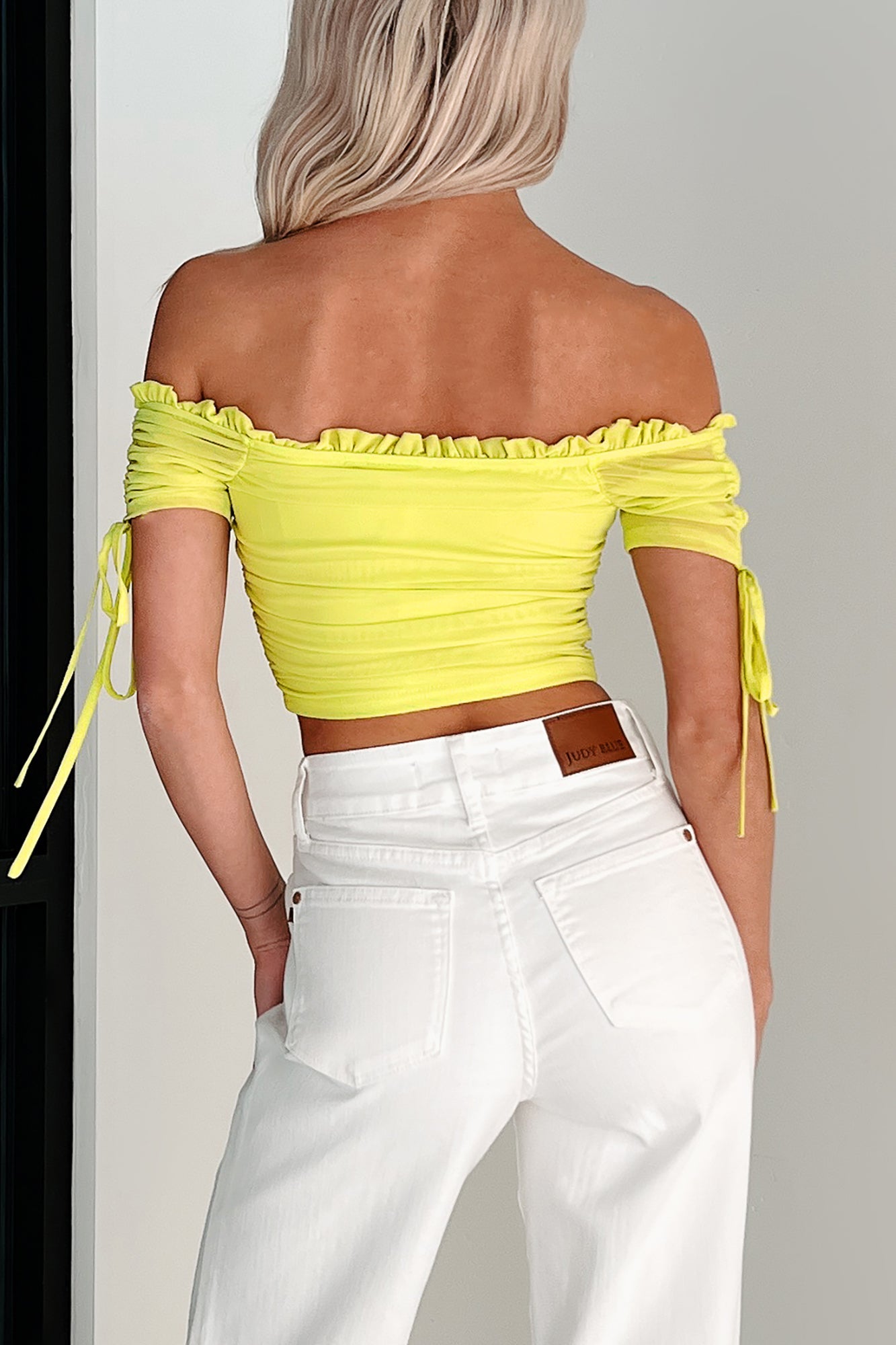 Sly Glances Off The Shoulder Hook-Front Crop Top (Citrus Green)