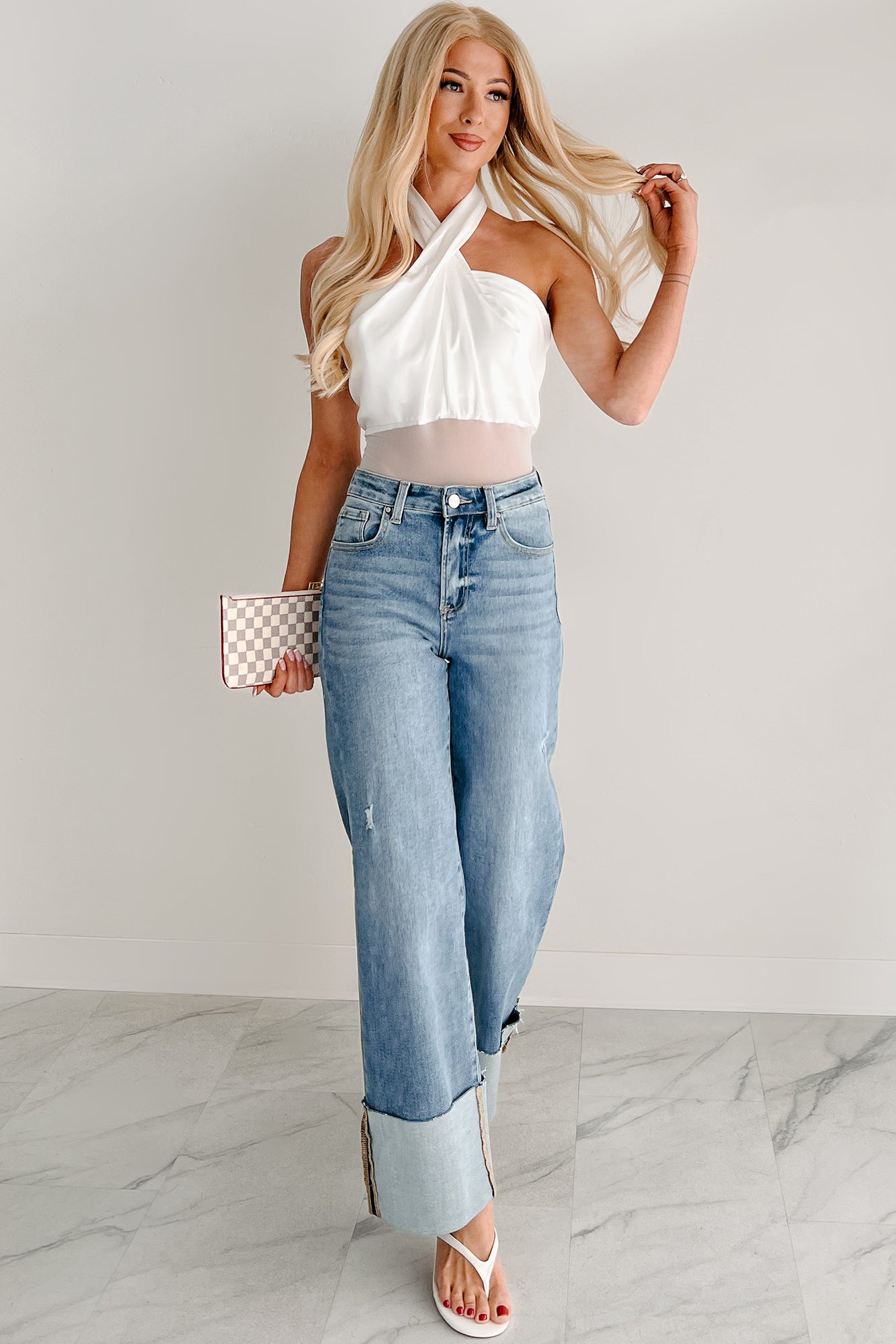 Sleek Simplicity Satin Mesh Halter Bodysuit (White)