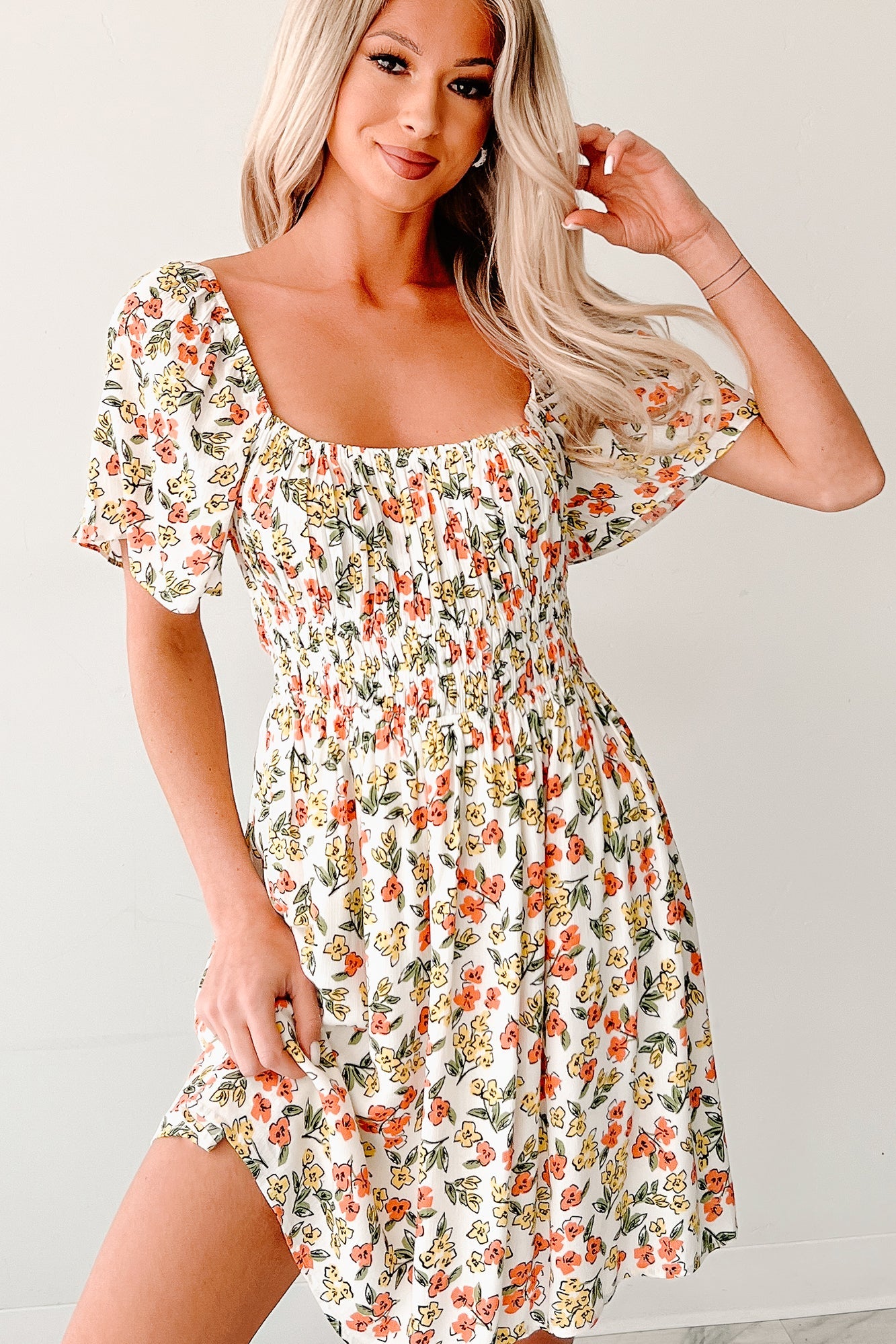 Pink Skies Floral Mini Dress (Cream)