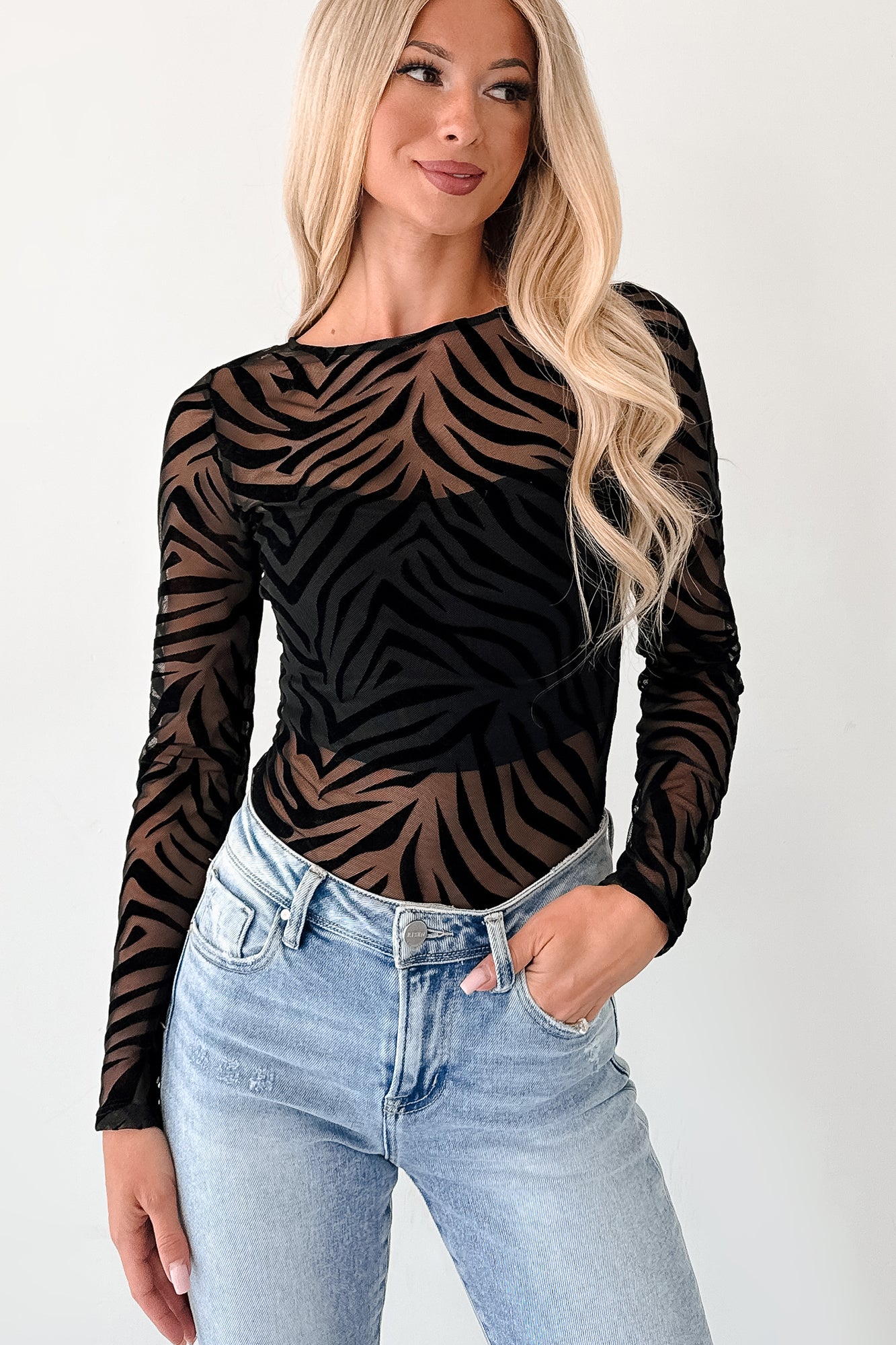 Wild At Heart Animal Print Mesh Bodysuit (Black Zebra)