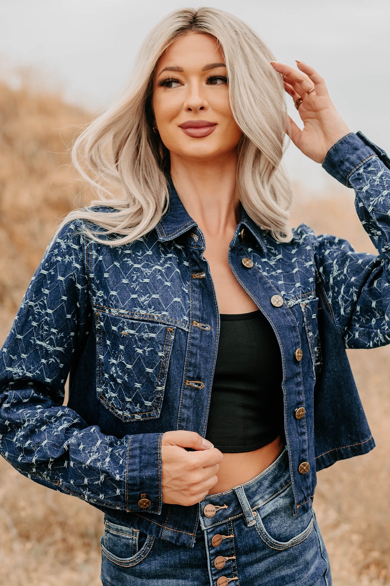Say Less Do More Patterned Denim Jacket (Dark)