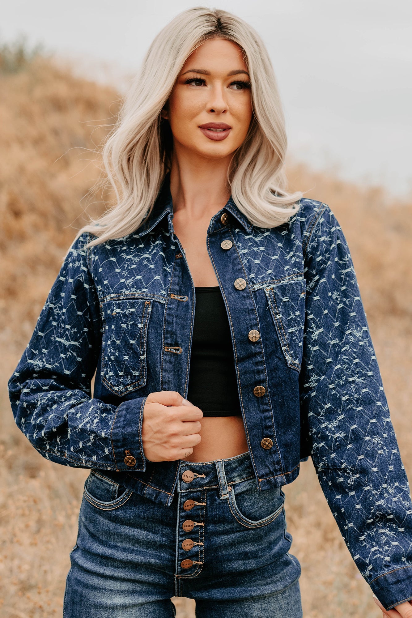 Say Less Do More Patterned Denim Jacket (Dark)