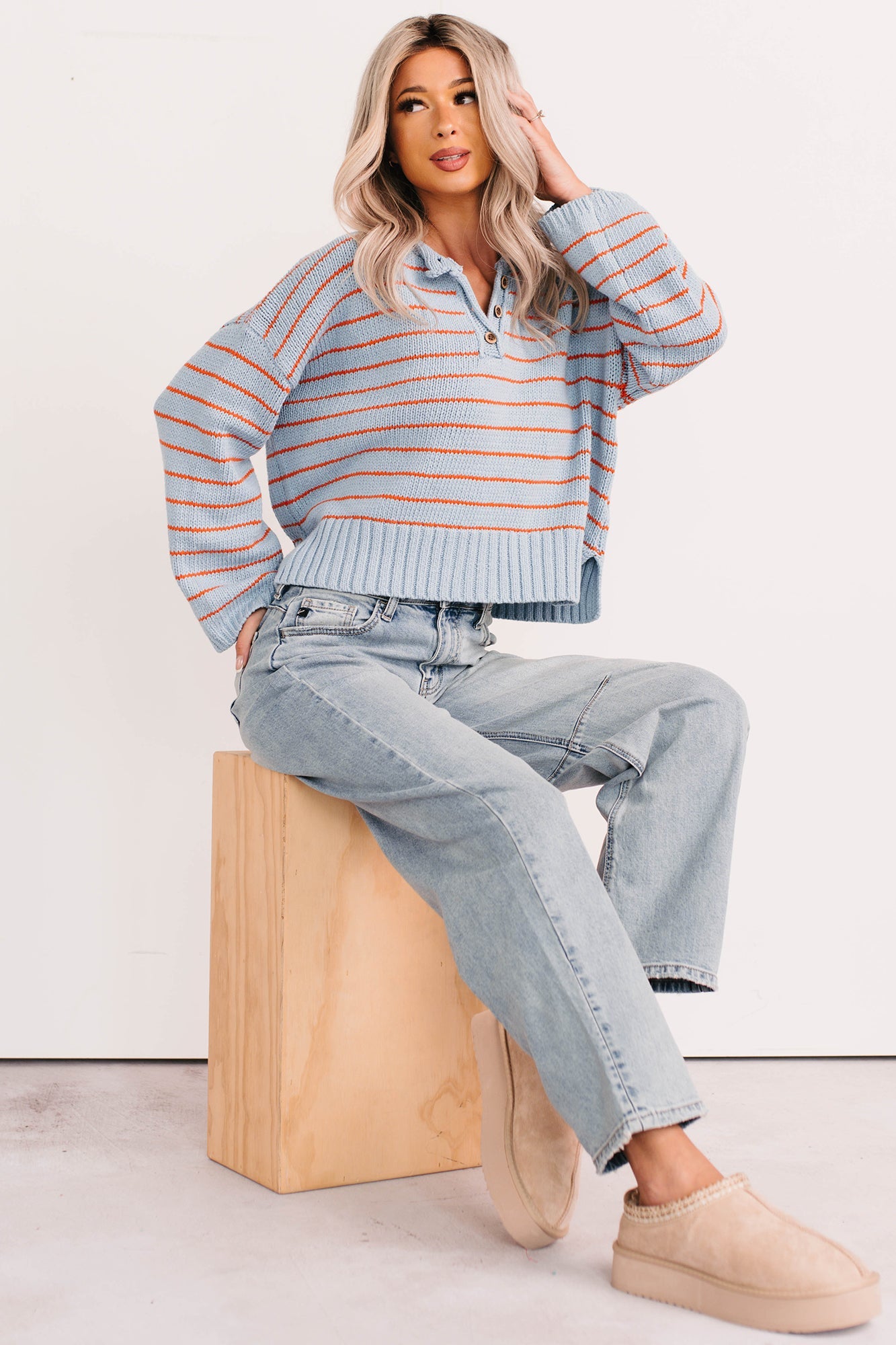 Sunday Comfort Striped Henley Sweater (Blue/Orange)