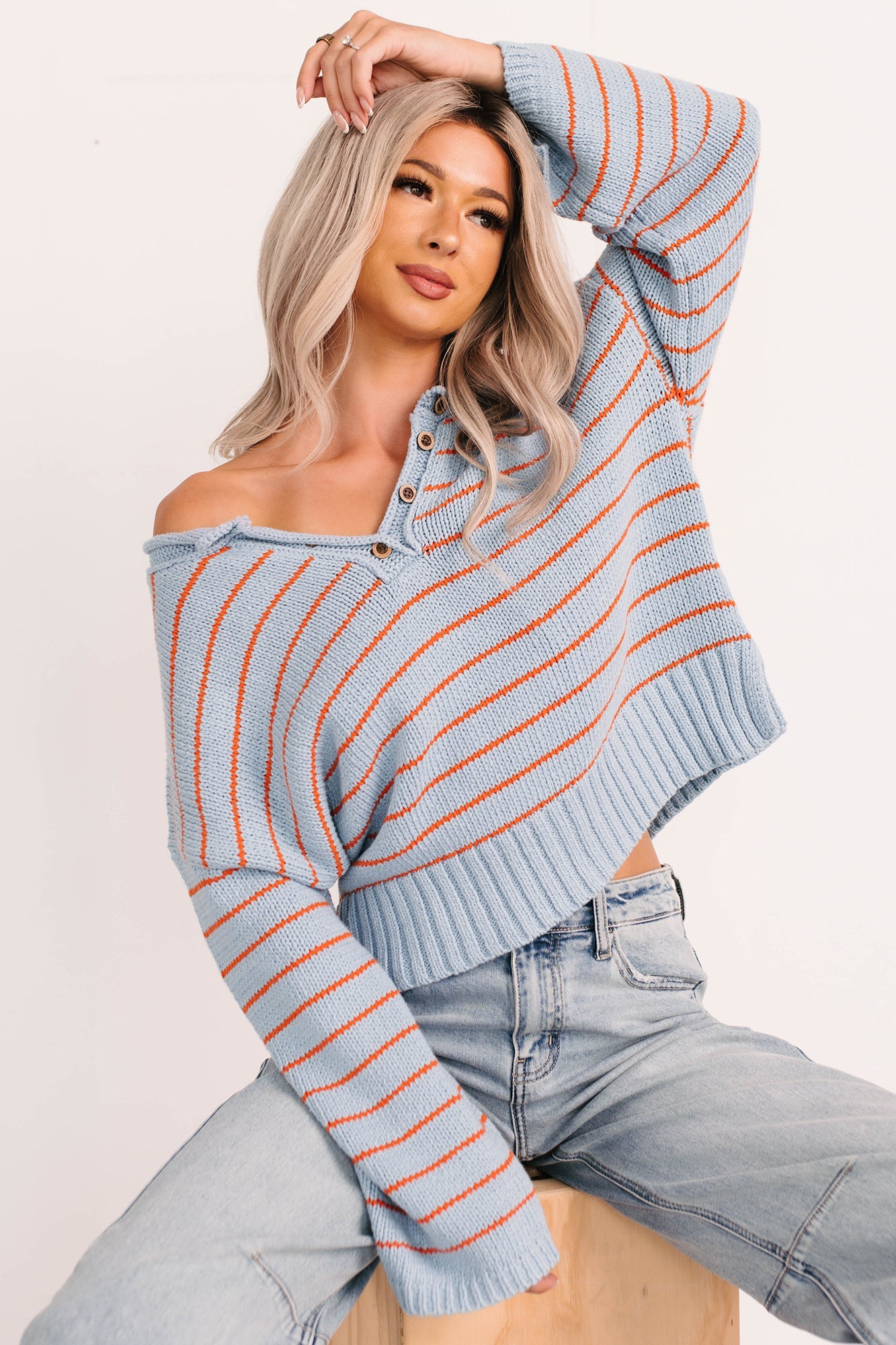 Sunday Comfort Striped Henley Sweater (Blue/Orange)