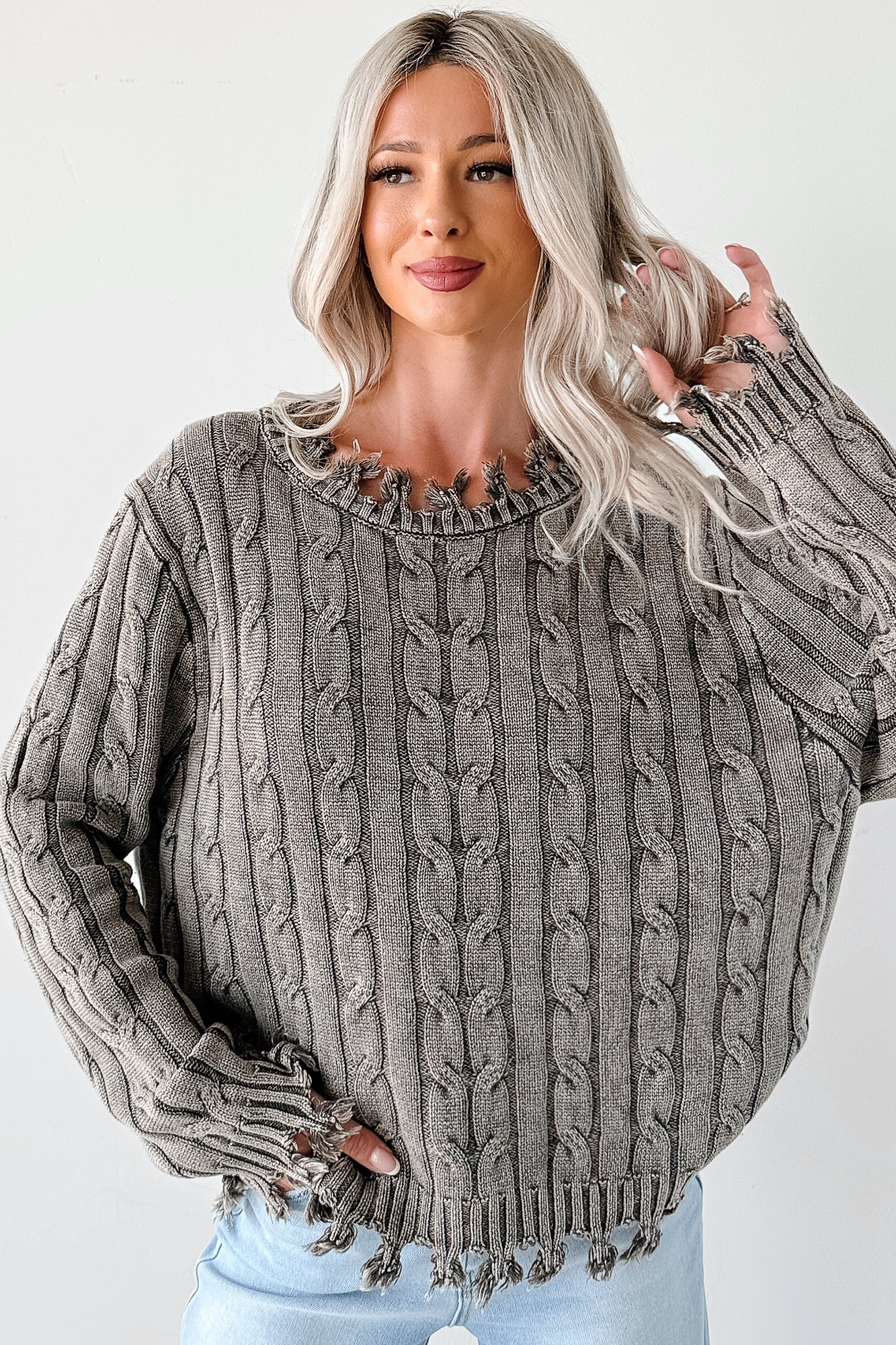 Unwritten Future Cable Knit Fringe Zenana Sweater (Brown)