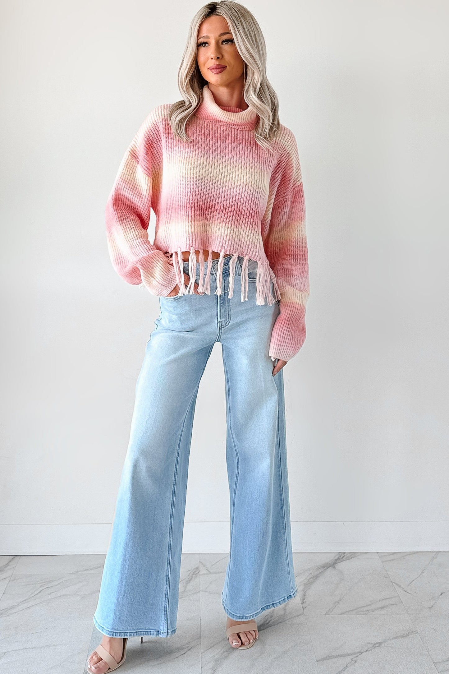 Life In Color Ombre Stripe Tassel Sweater (Pastel Peach)