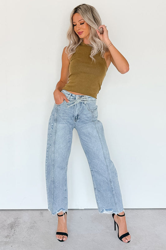 Solara High Rise Waist Tie Saige Denim Barrel Jeans (Light Wash)