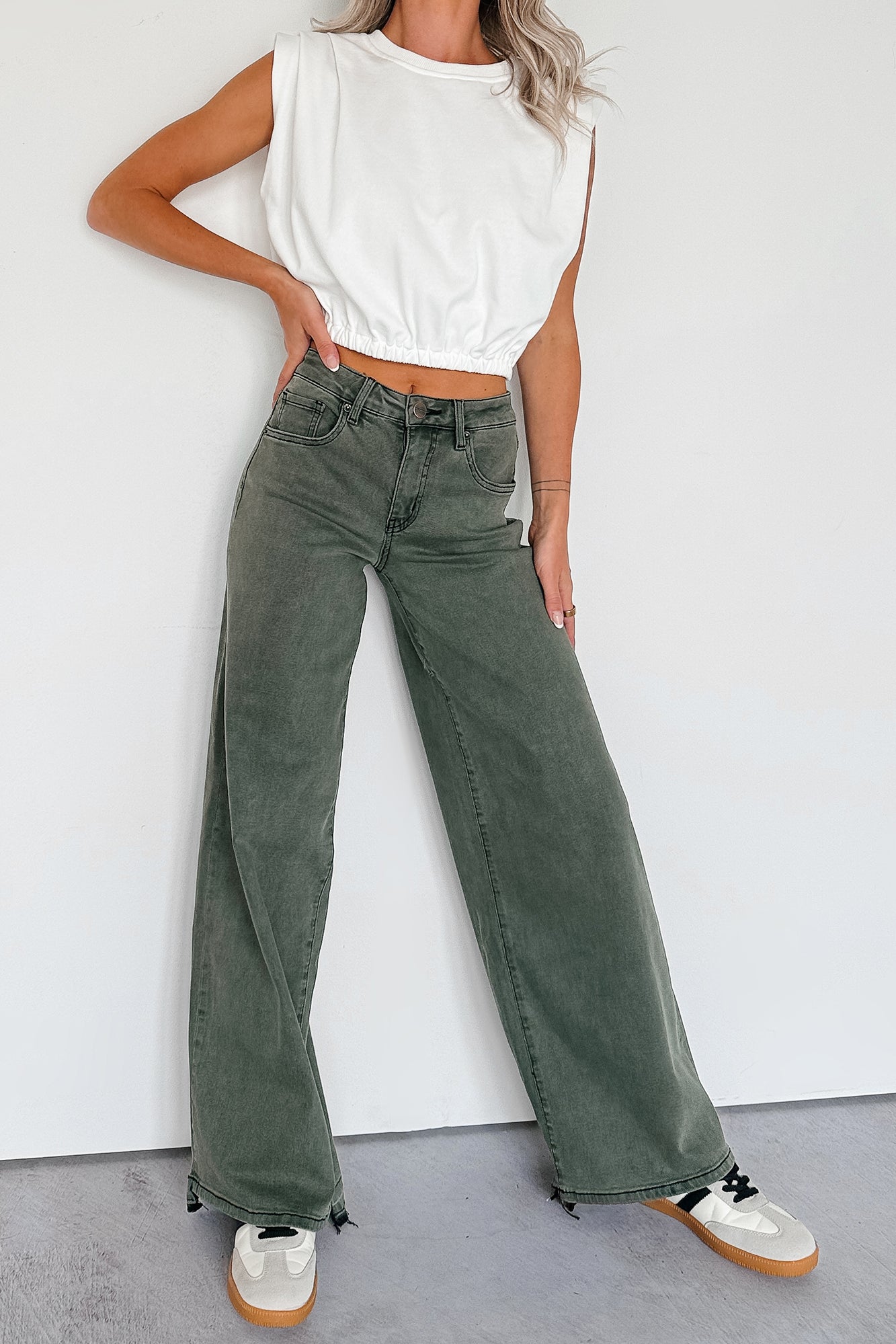 Valencia High Rise Wide Leg Mica Denim Jeans (Dark Green)