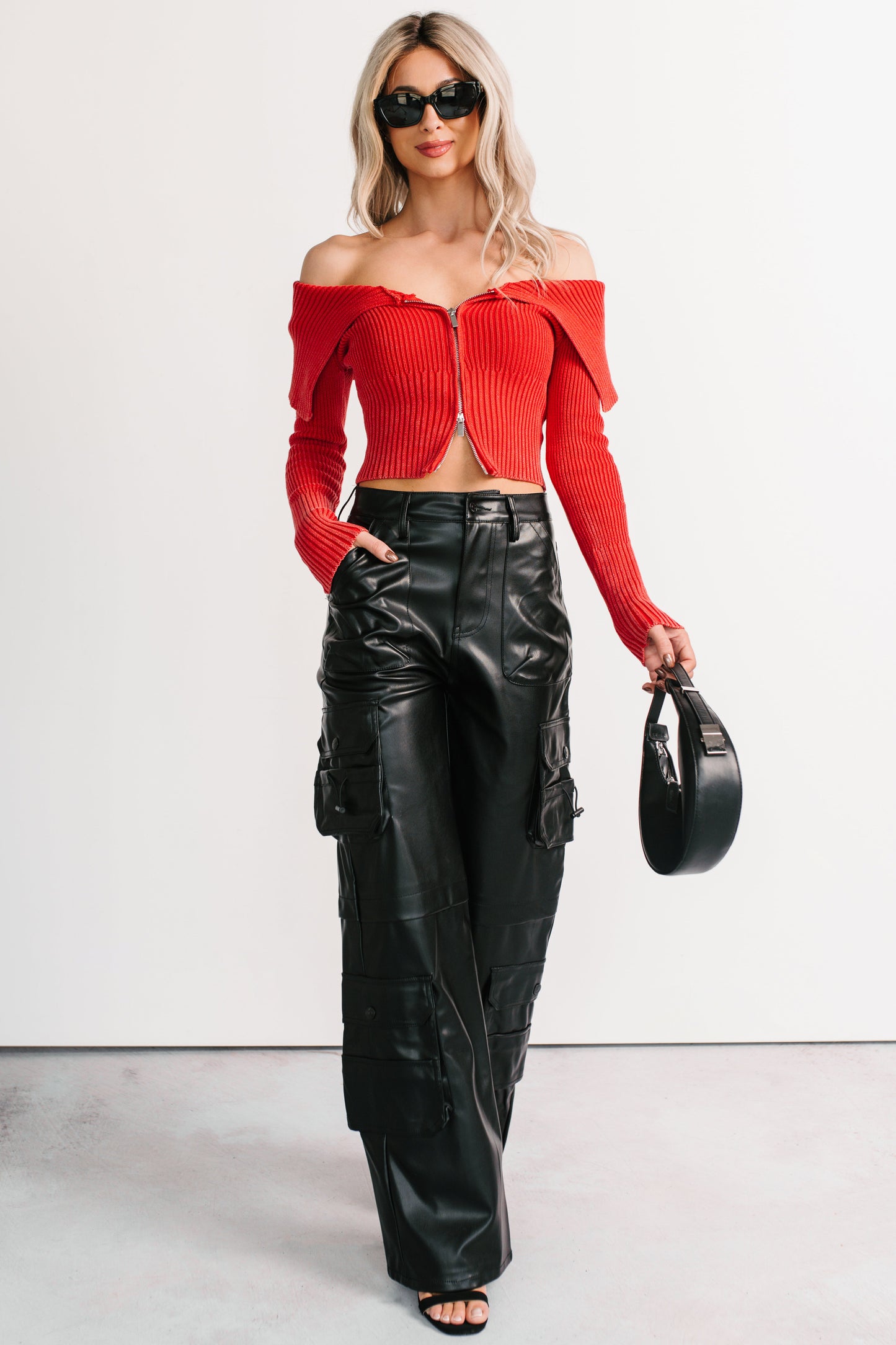 Sweet Spell Off The Shoulder Zip-Up Sweater (Red)