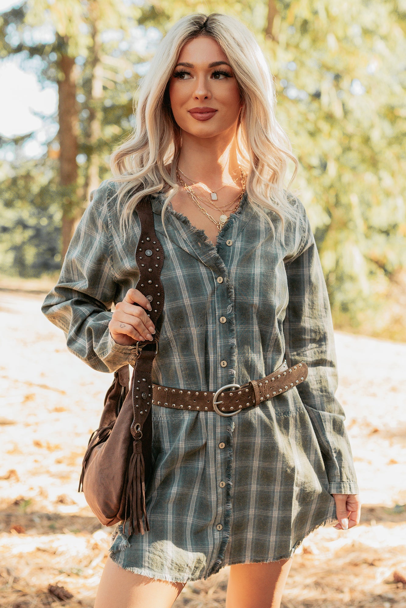 Let's Get Lost Plaid Shirt Mini Dress (Pine Green)