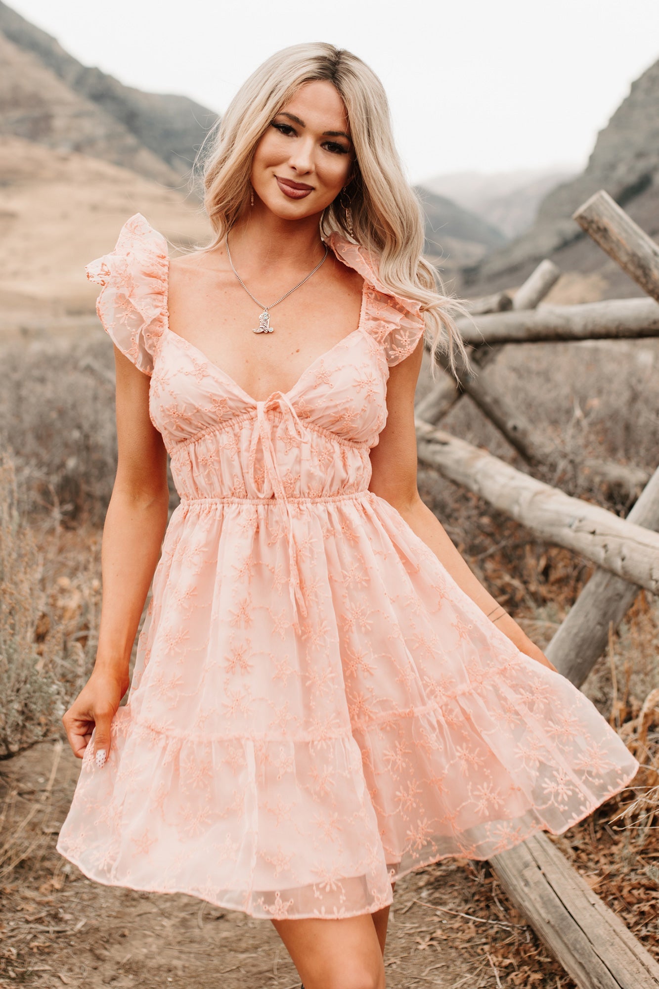 Petals In The Sun Chiffon Embroidered Mini Dress (Coral)
