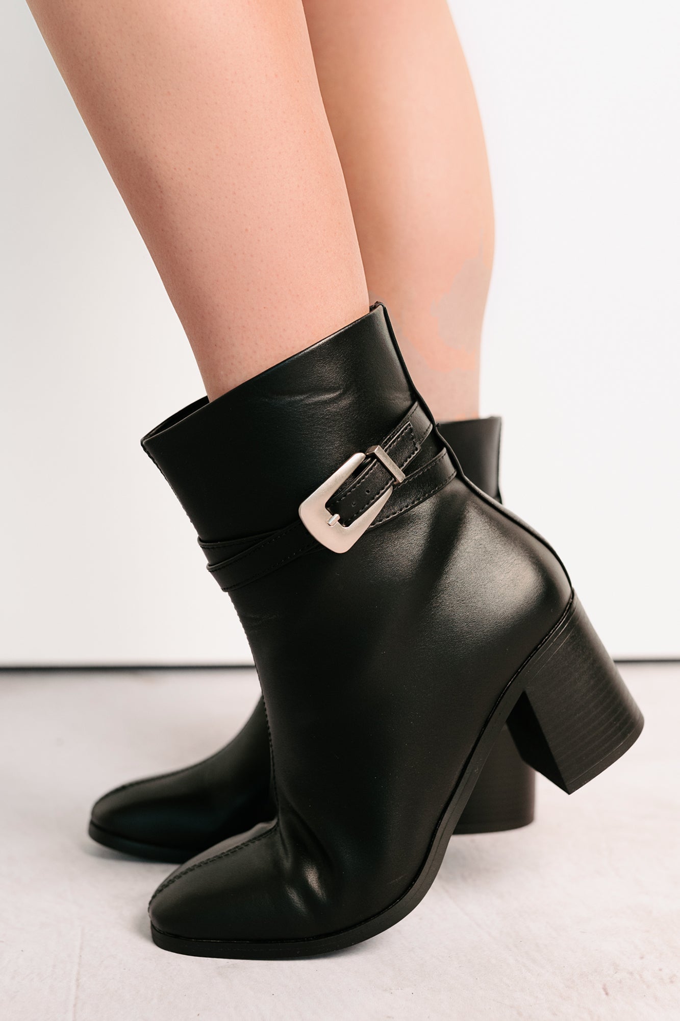 Step In Style Faux Leather Buckle Detail Booties (Black)