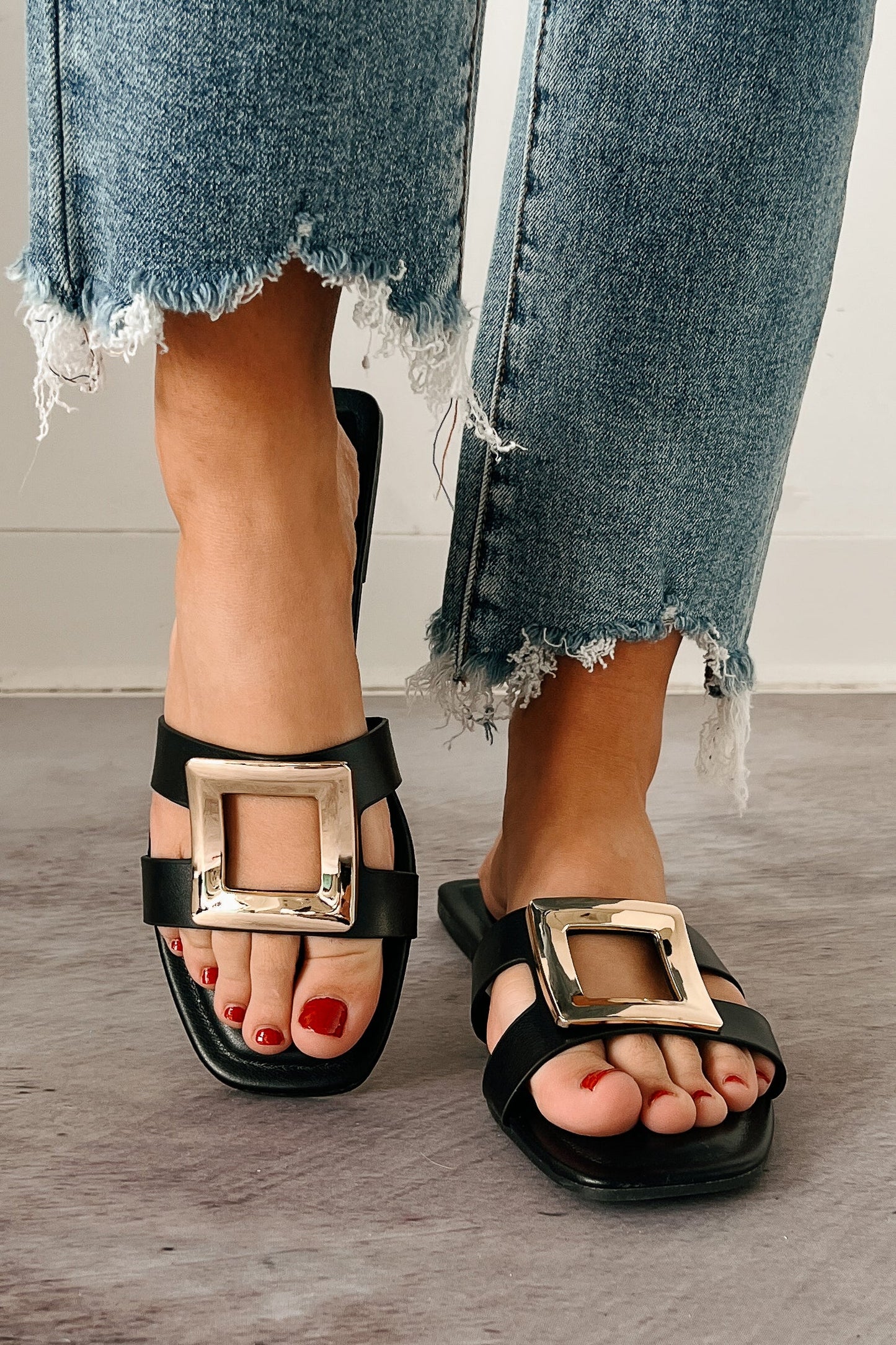 Talk Flirty Square Toe Gold Buckle Sandals (Black)