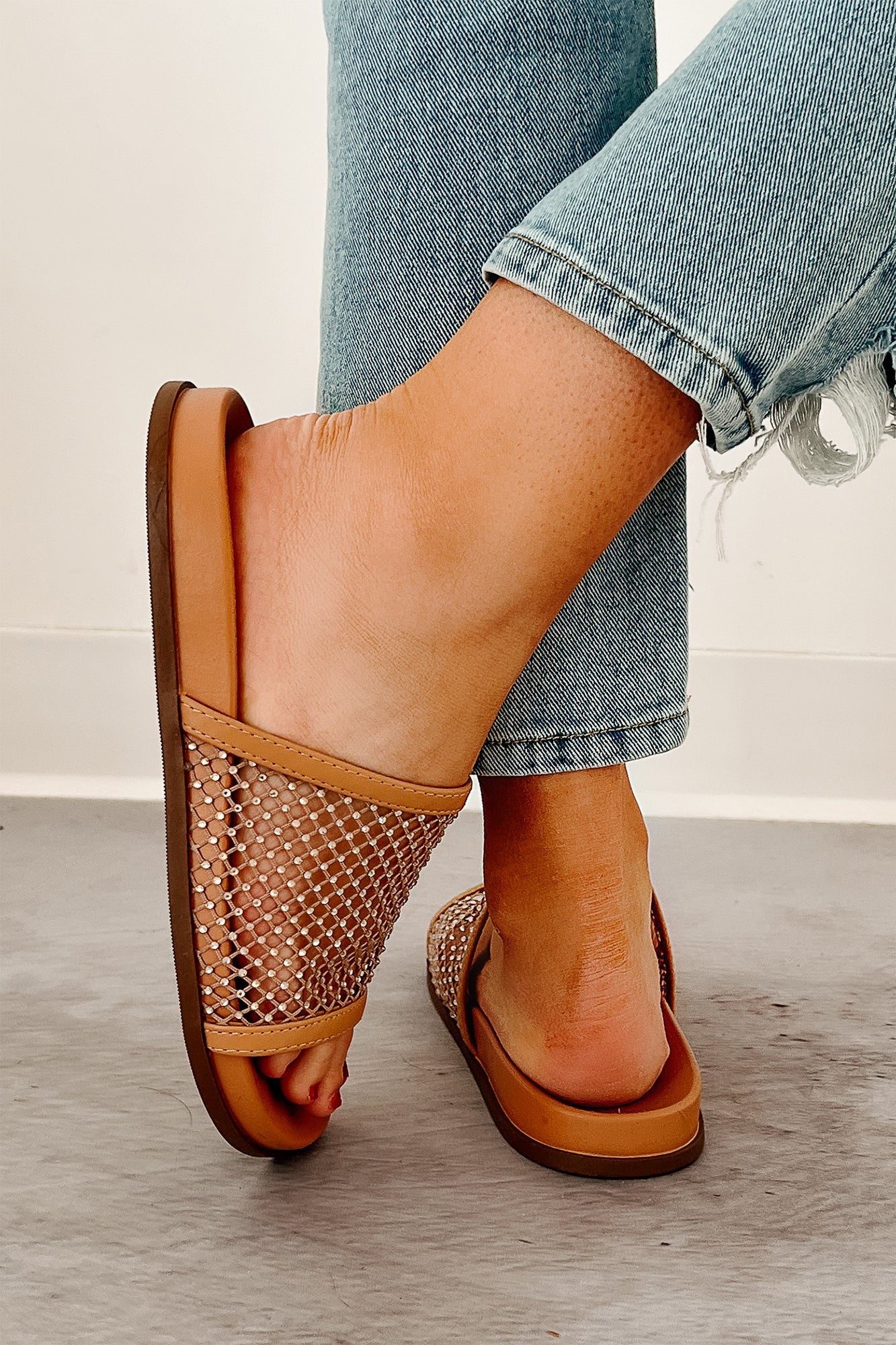 Shine On You Rhinestone Mesh Slide Sandals (Tan)