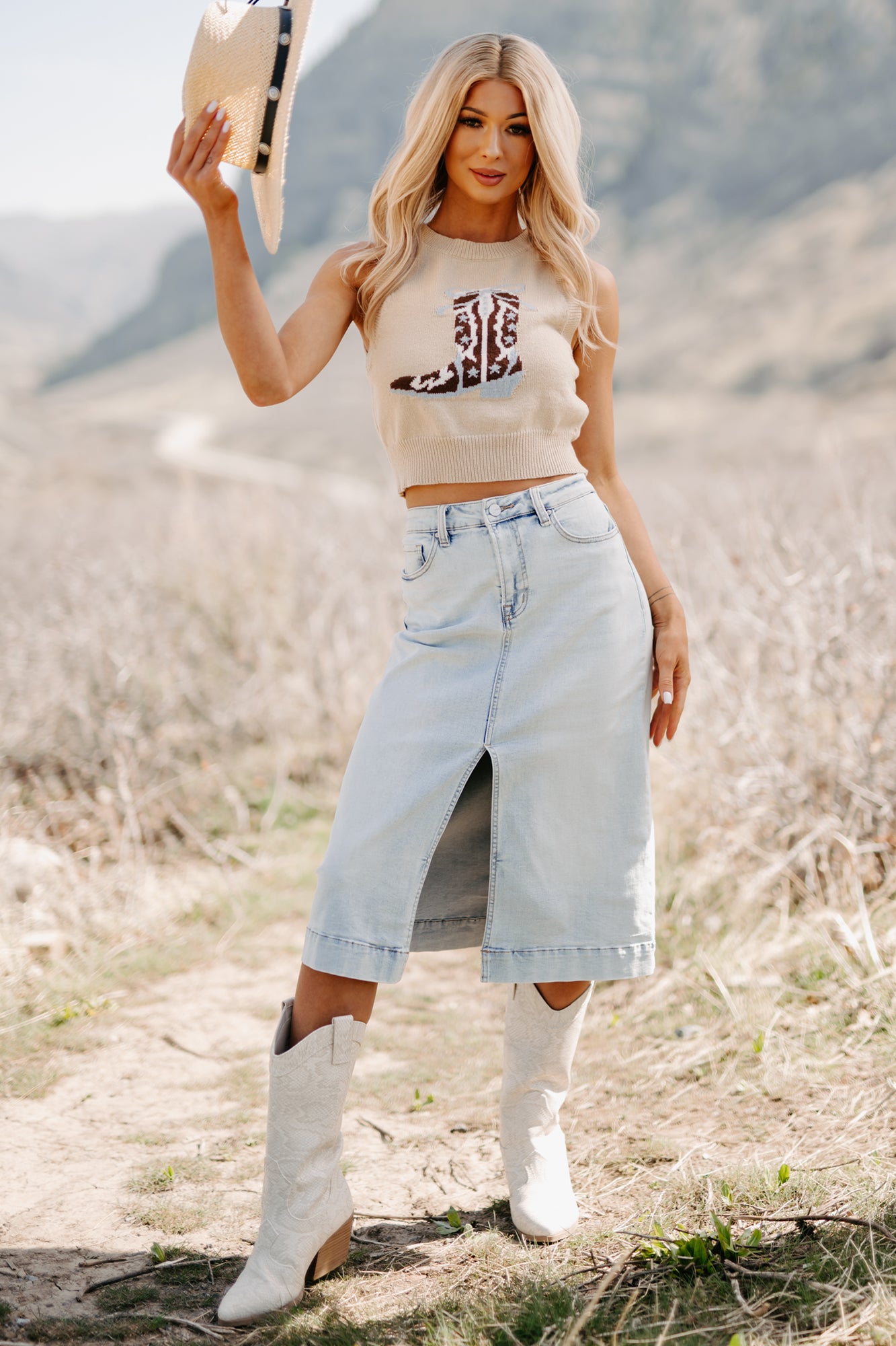 Skirtin' Around High Rise Denim Midi Skirt (Light)